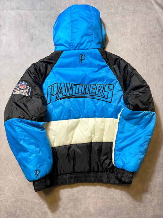 90’s Carolina Panthers Vintage Pro Player Colorblocked NFL Big Spellout NFL Puffer Jacket (XL)