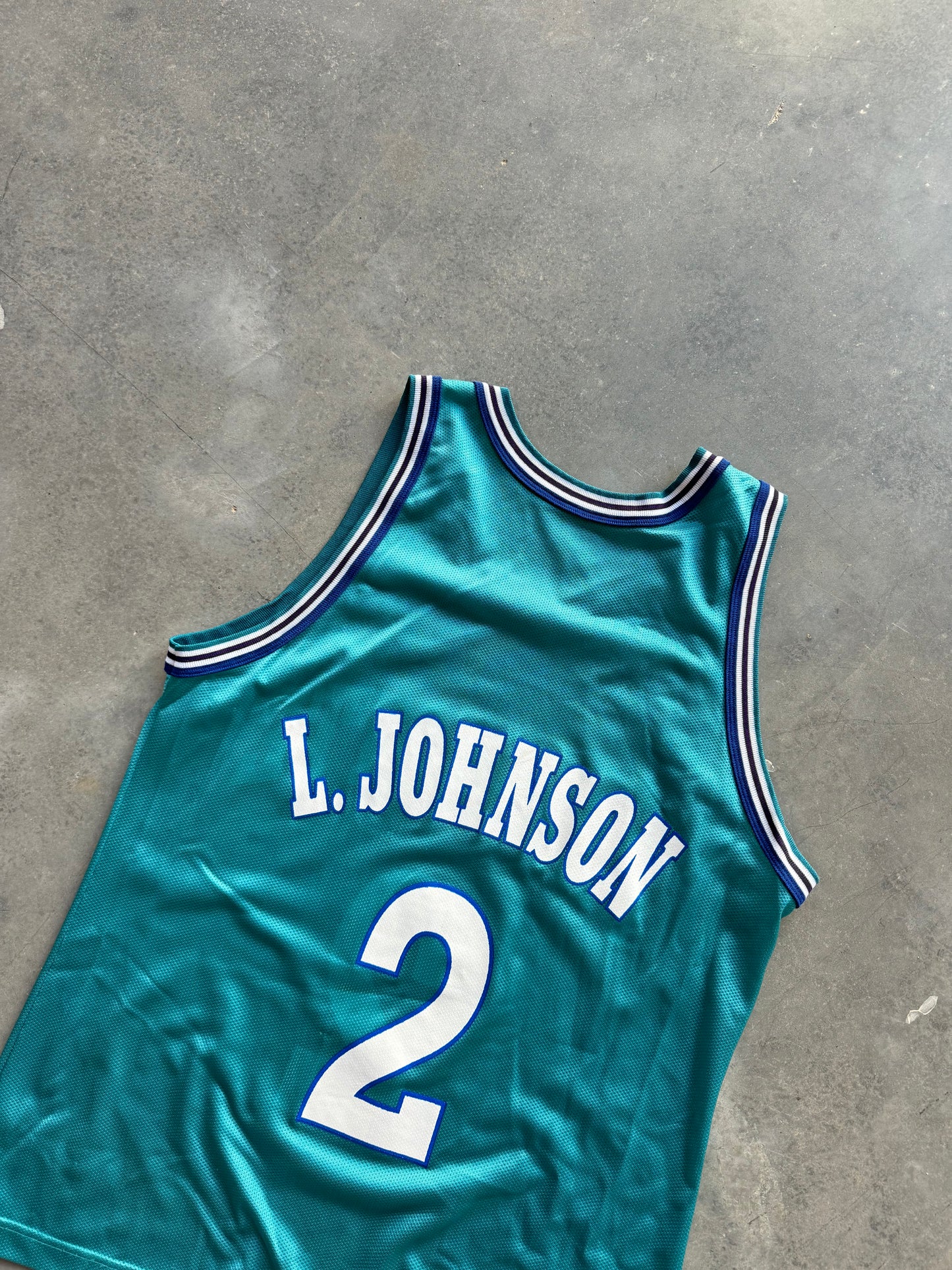 90’s Charlotte Hornets Larry Johnson Vintage Teal Champion NBA Jersey (44/Large)