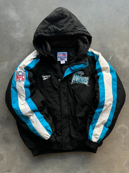 1995 Carolina Panthers Vintage Reebok NFL Pro Line Sleeve Striped Puffet Jacket (XL)