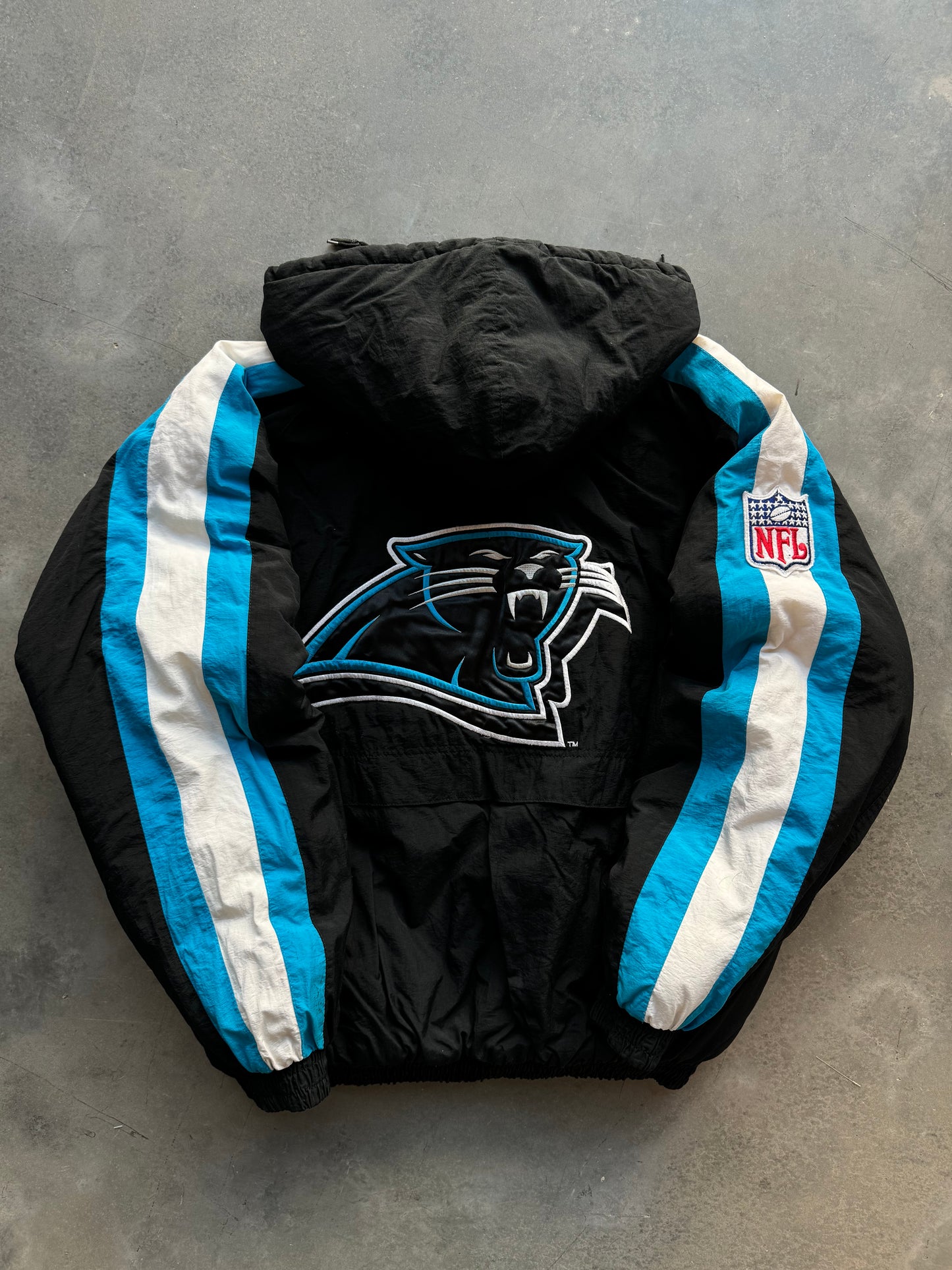 1995 Carolina Panthers Vintage Reebok NFL Pro Line Sleeve Striped Puffet Jacket (XL)