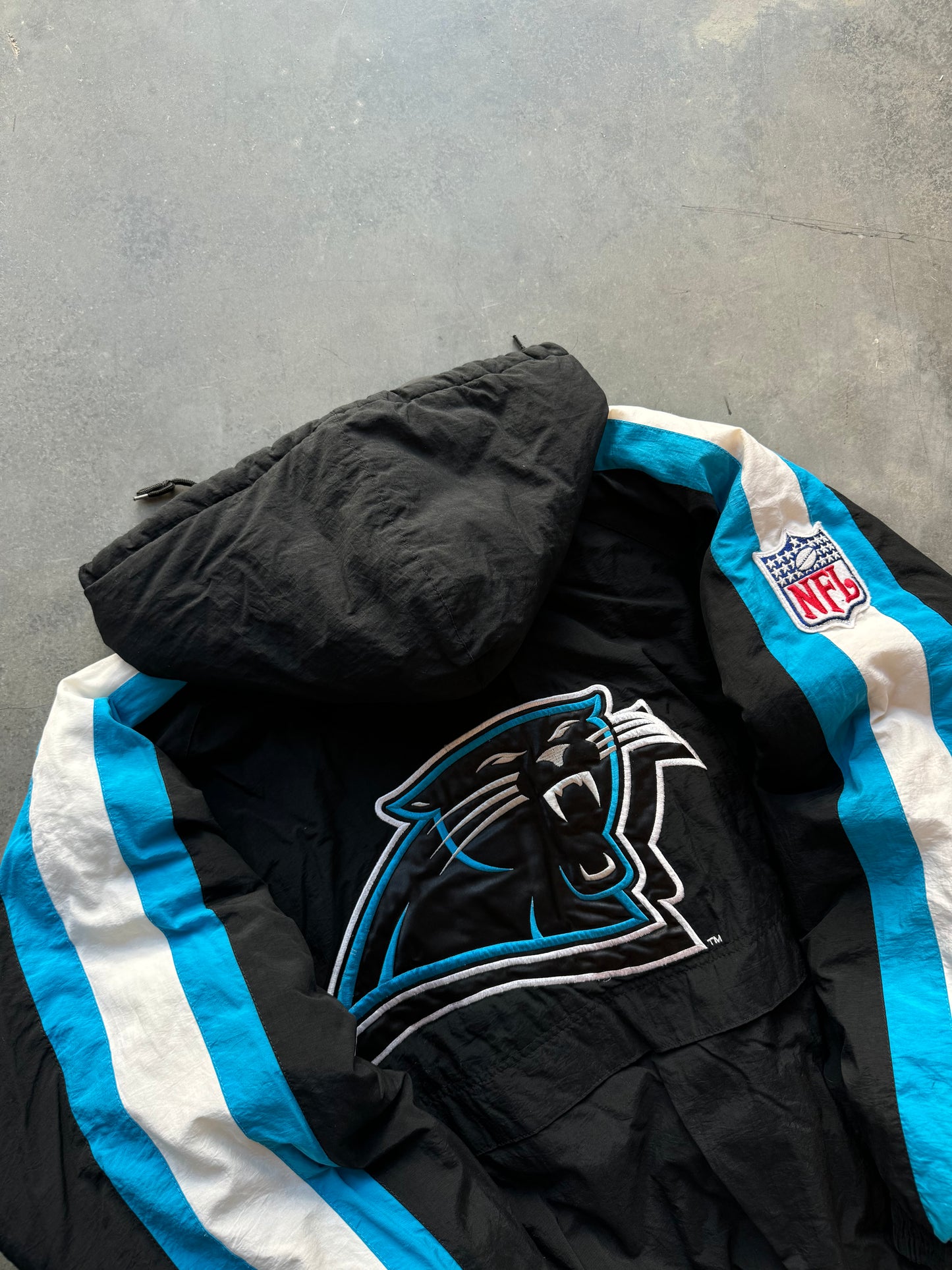 1995 Carolina Panthers Vintage Reebok NFL Pro Line Sleeve Striped Puffet Jacket (XL)