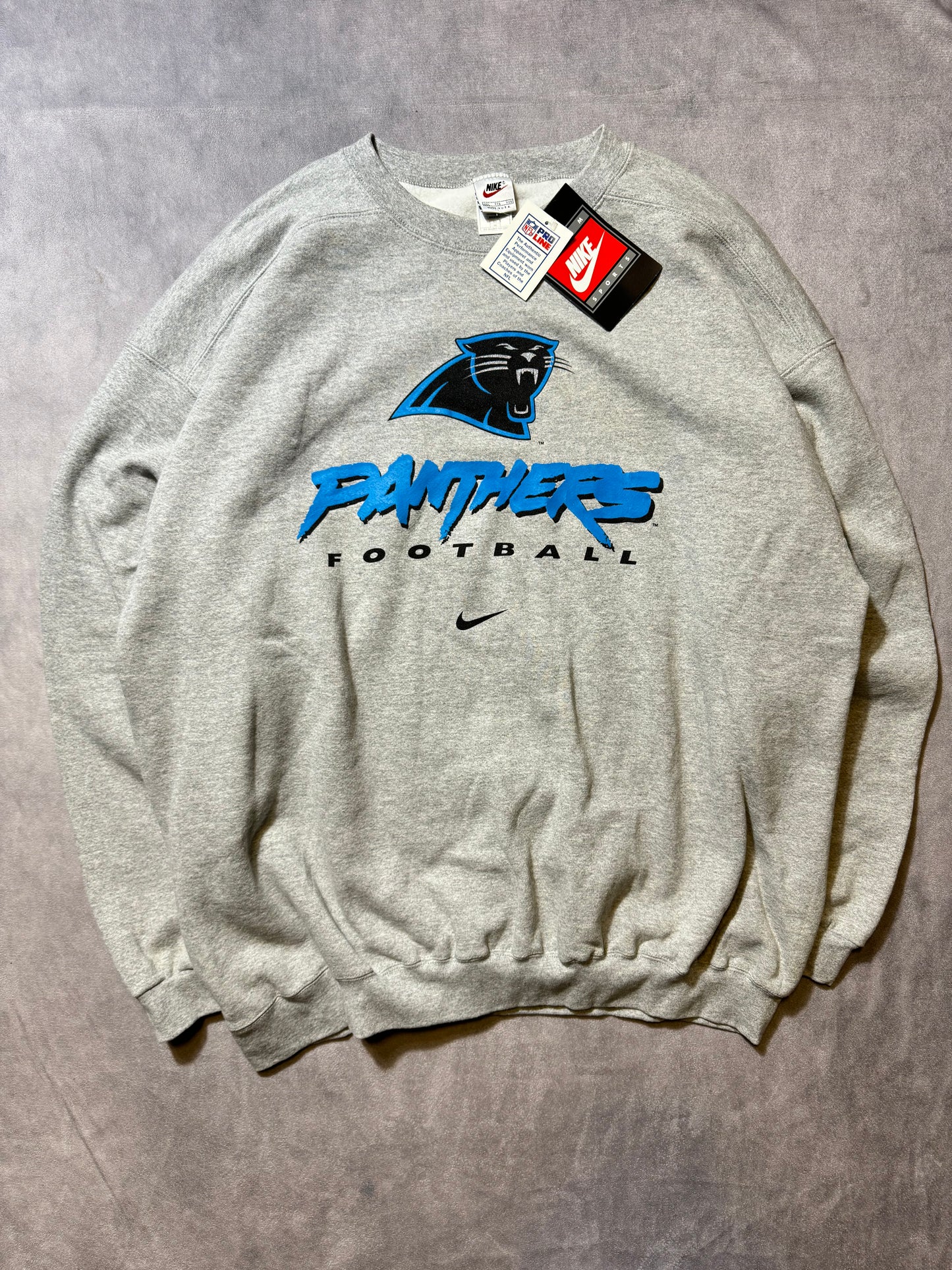 1999 Carolina Panthers Vintage Grey Nike Cat Scratch Font Mini Swoosh NFL Crewneck - Deadstock (XXL)