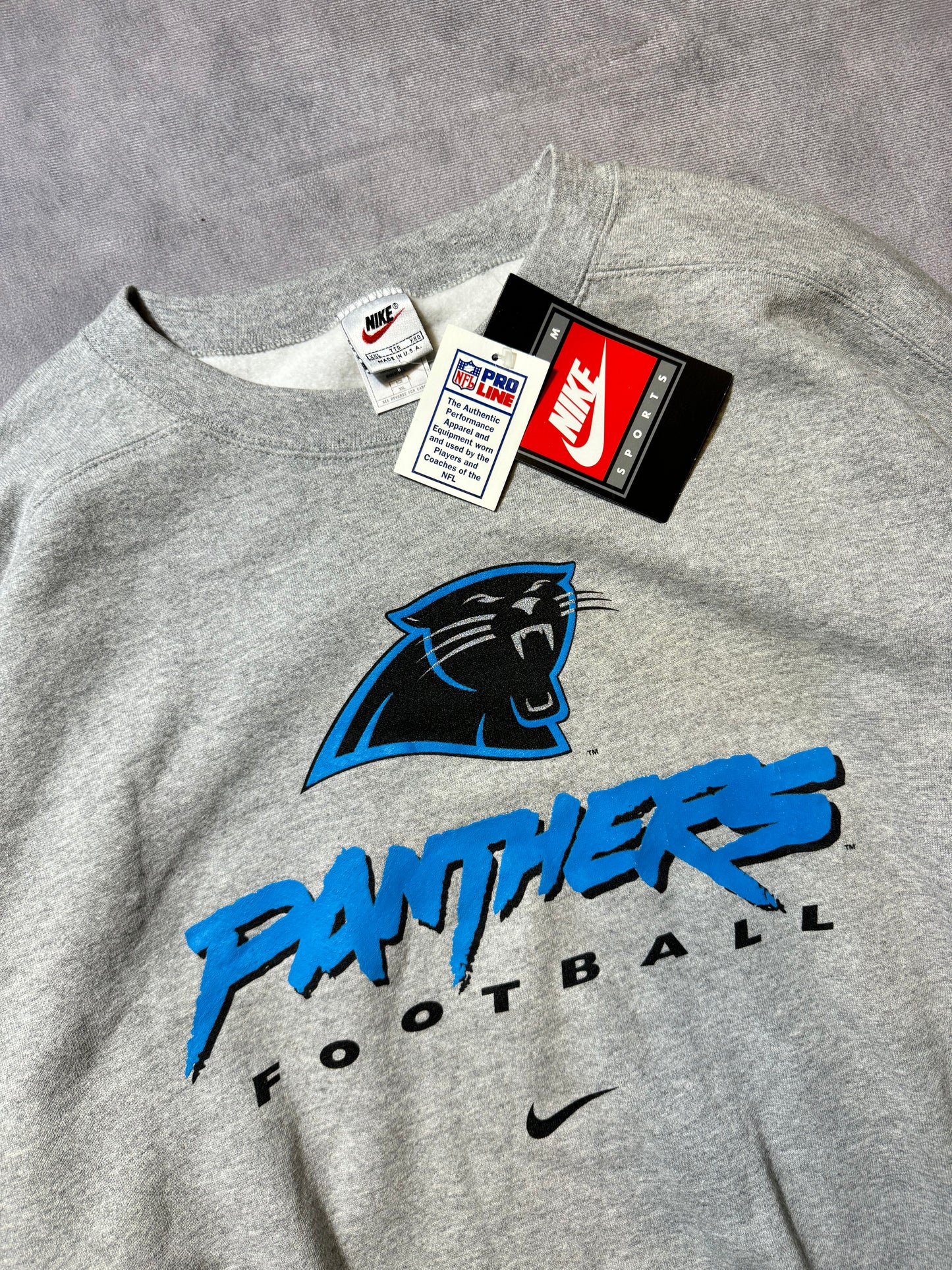 1999 Carolina Panthers Vintage Grey Nike Cat Scratch Font Mini Swoosh NFL Crewneck - Deadstock (XXL)