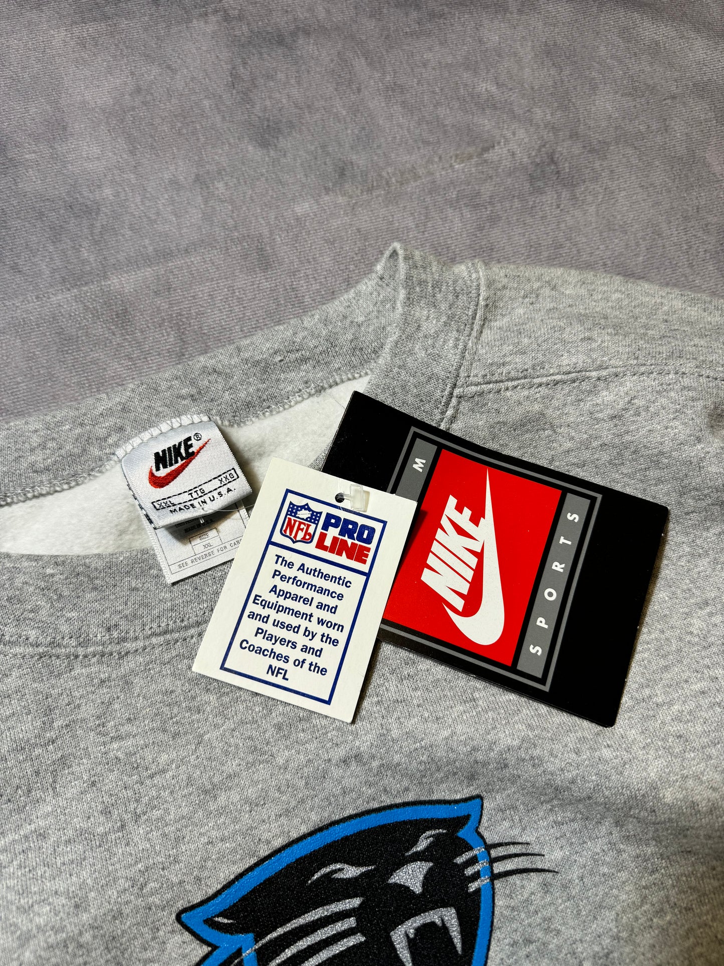 1999 Carolina Panthers Vintage Grey Nike Cat Scratch Font Mini Swoosh NFL Crewneck - Deadstock (XXL)