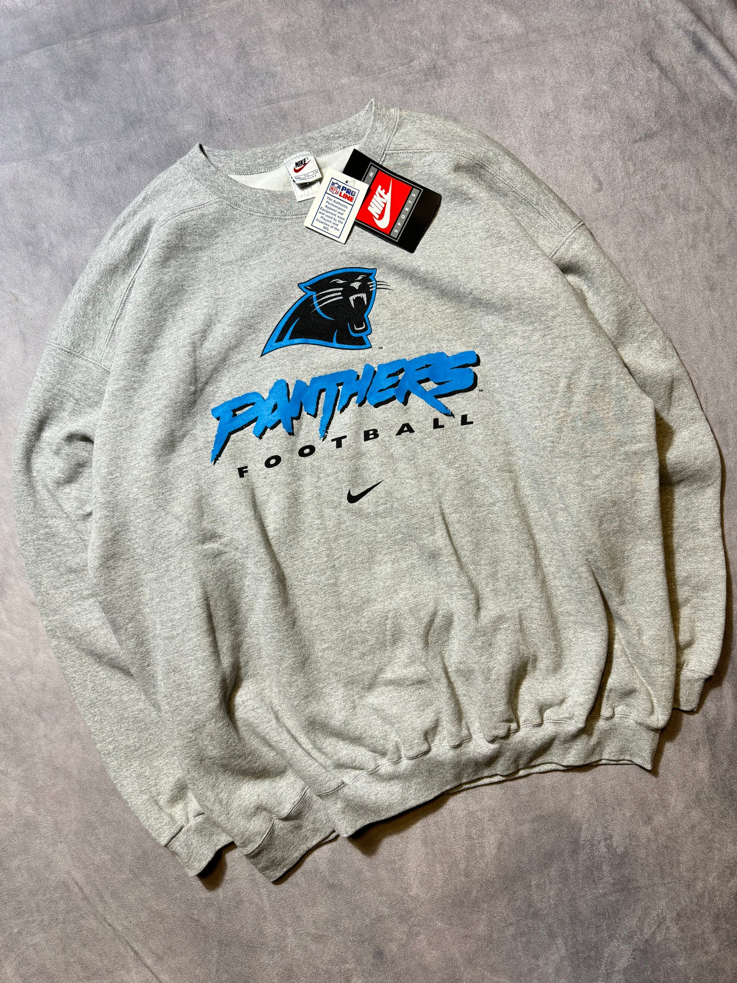 1999 Carolina Panthers Vintage Grey Nike Cat Scratch Font Mini Swoosh NFL Crewneck - Deadstock (XXL)