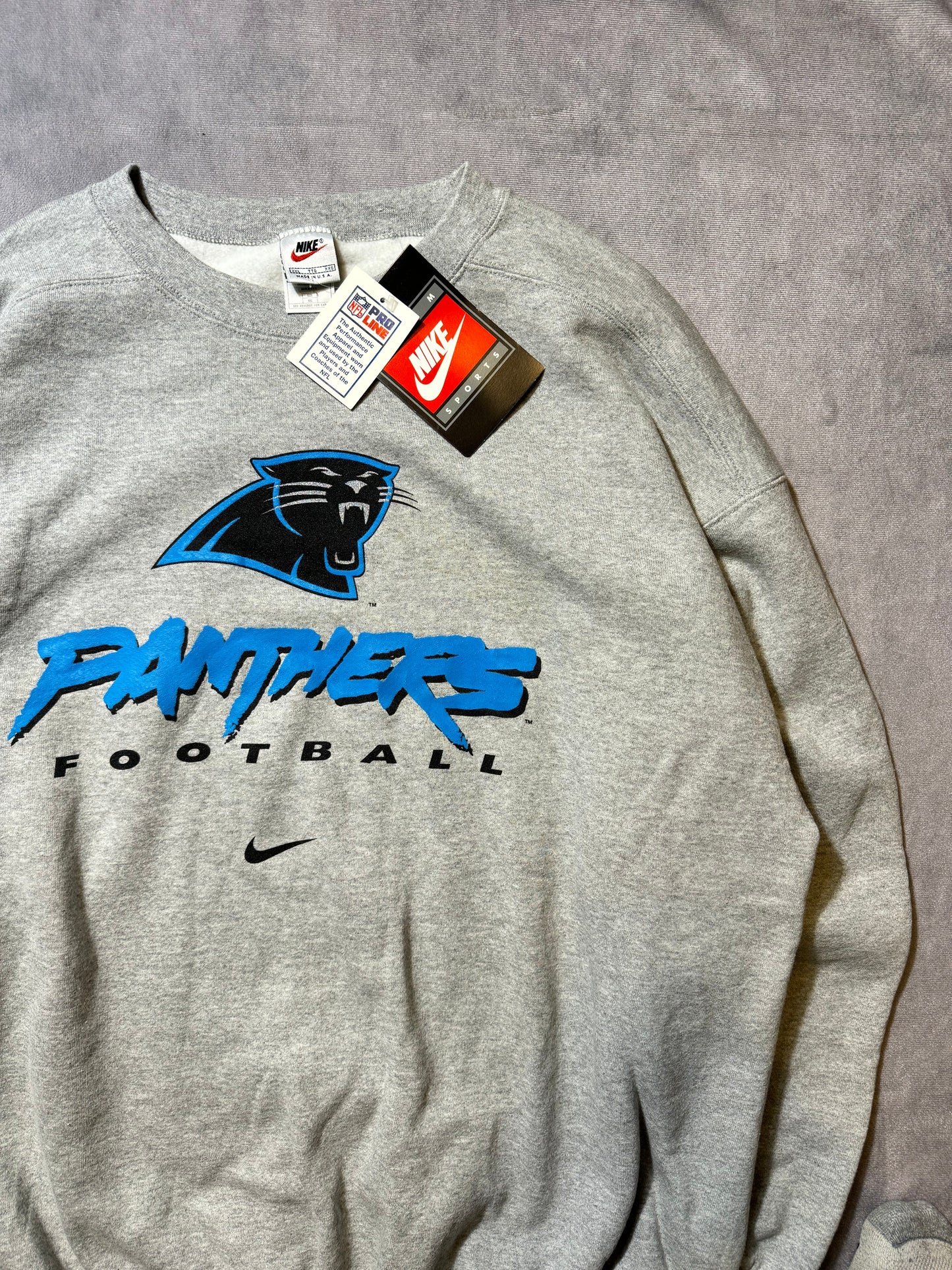 1999 Carolina Panthers Vintage Grey Nike Cat Scratch Font Mini Swoosh NFL Crewneck - Deadstock (XXL)