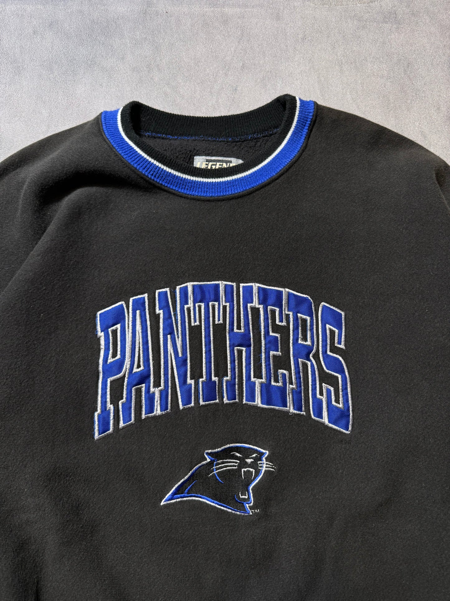 90’s Carolina Panthers Vintage Black Legends Sportswear Ribbed Embroidered NFL Crewneck (Large)