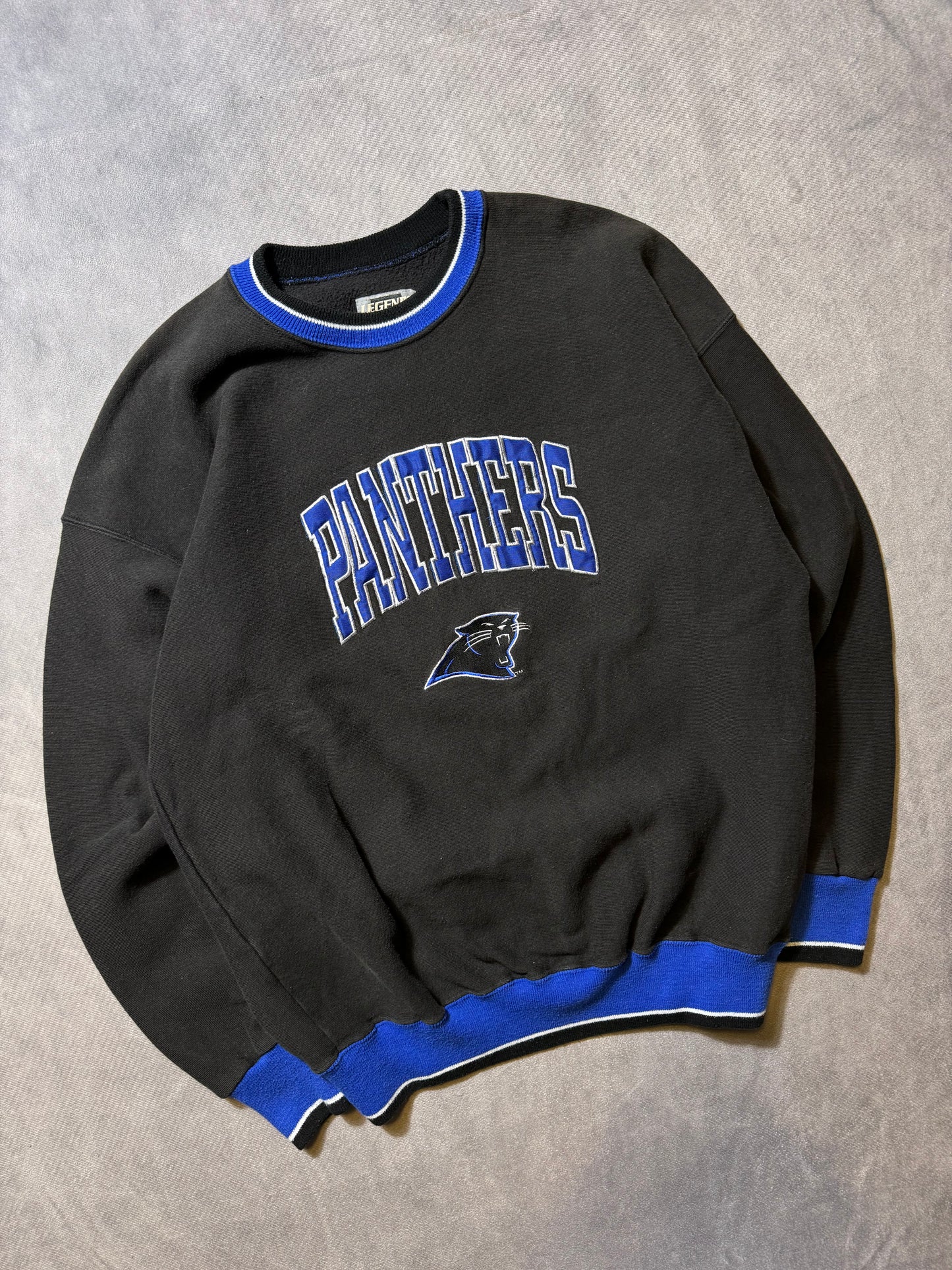 90’s Carolina Panthers Vintage Black Legends Sportswear Ribbed Embroidered NFL Crewneck (Large)