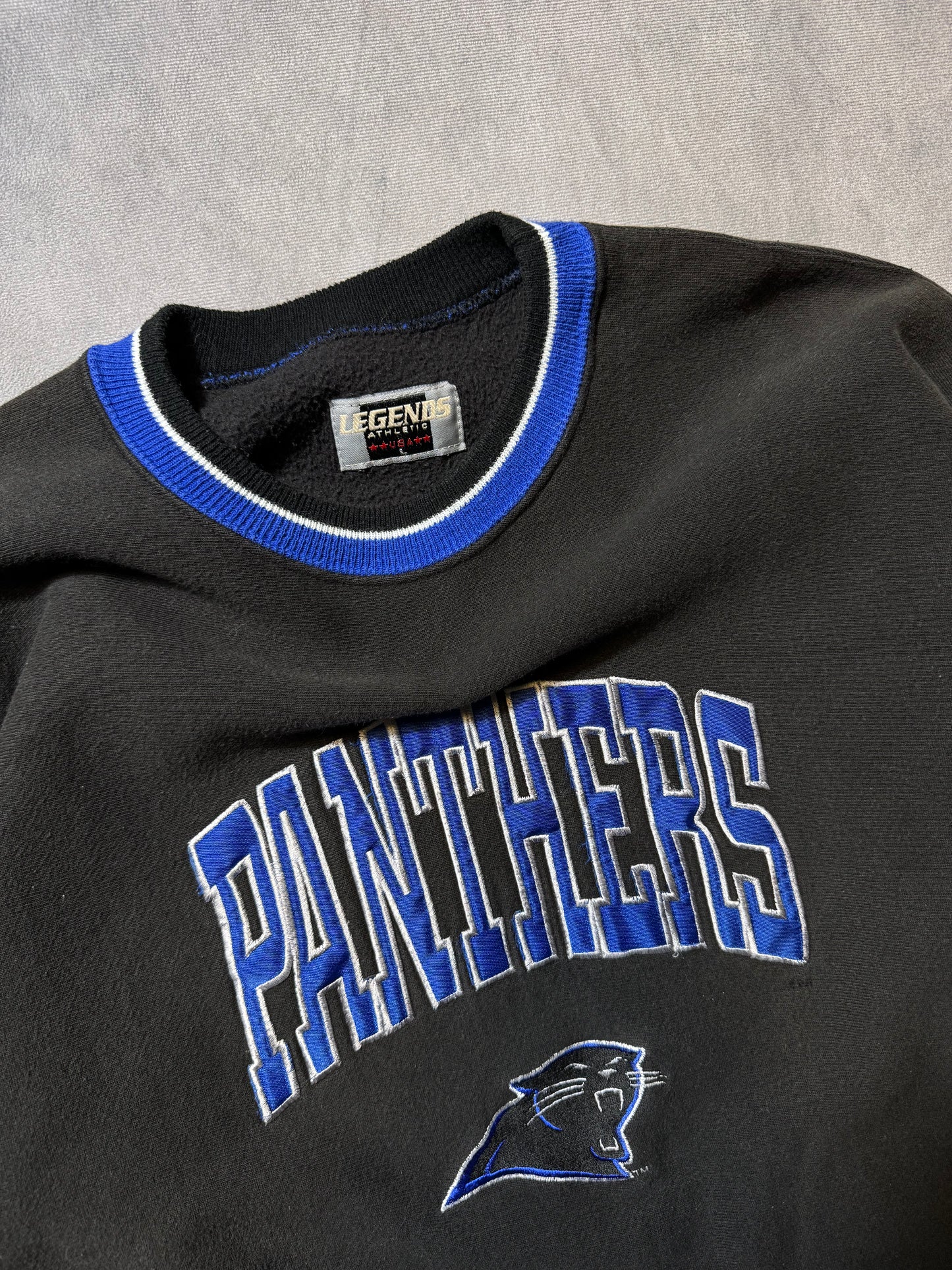 90’s Carolina Panthers Vintage Black Legends Sportswear Ribbed Embroidered NFL Crewneck (Large)