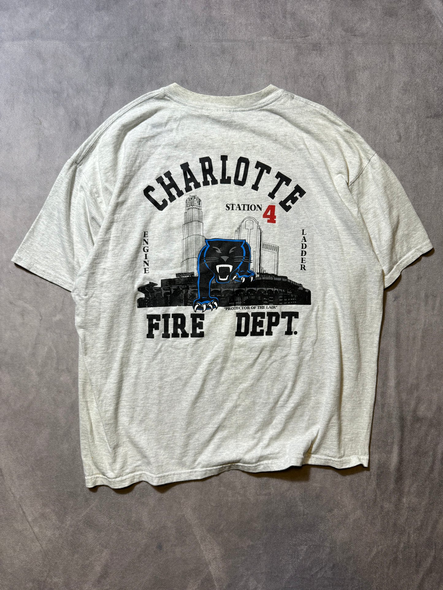00’s Carolina Panthers x Charlotte Fire Dept Station 4 “Protectors of the Lair” Vintage Heather Grey NFL Tee (XXL)