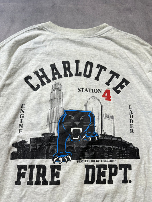 00’s Carolina Panthers x Charlotte Fire Dept Station 4 “Protectors of the Lair” Vintage Heather Grey NFL Tee (XXL)
