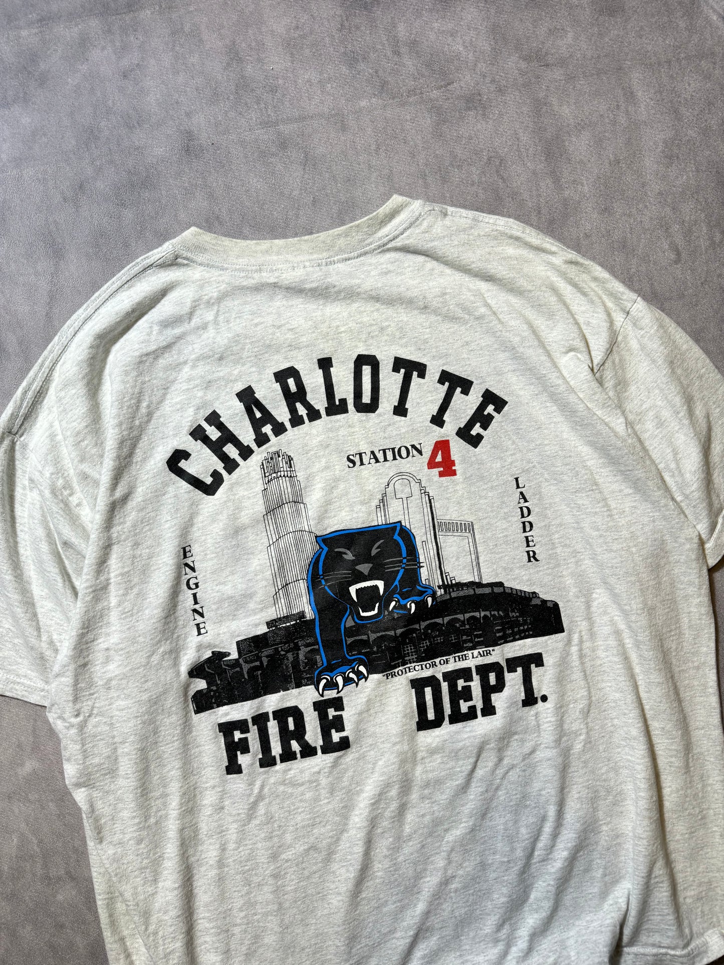 00’s Carolina Panthers x Charlotte Fire Dept Station 4 “Protectors of the Lair” Vintage Heather Grey NFL Tee (XXL)