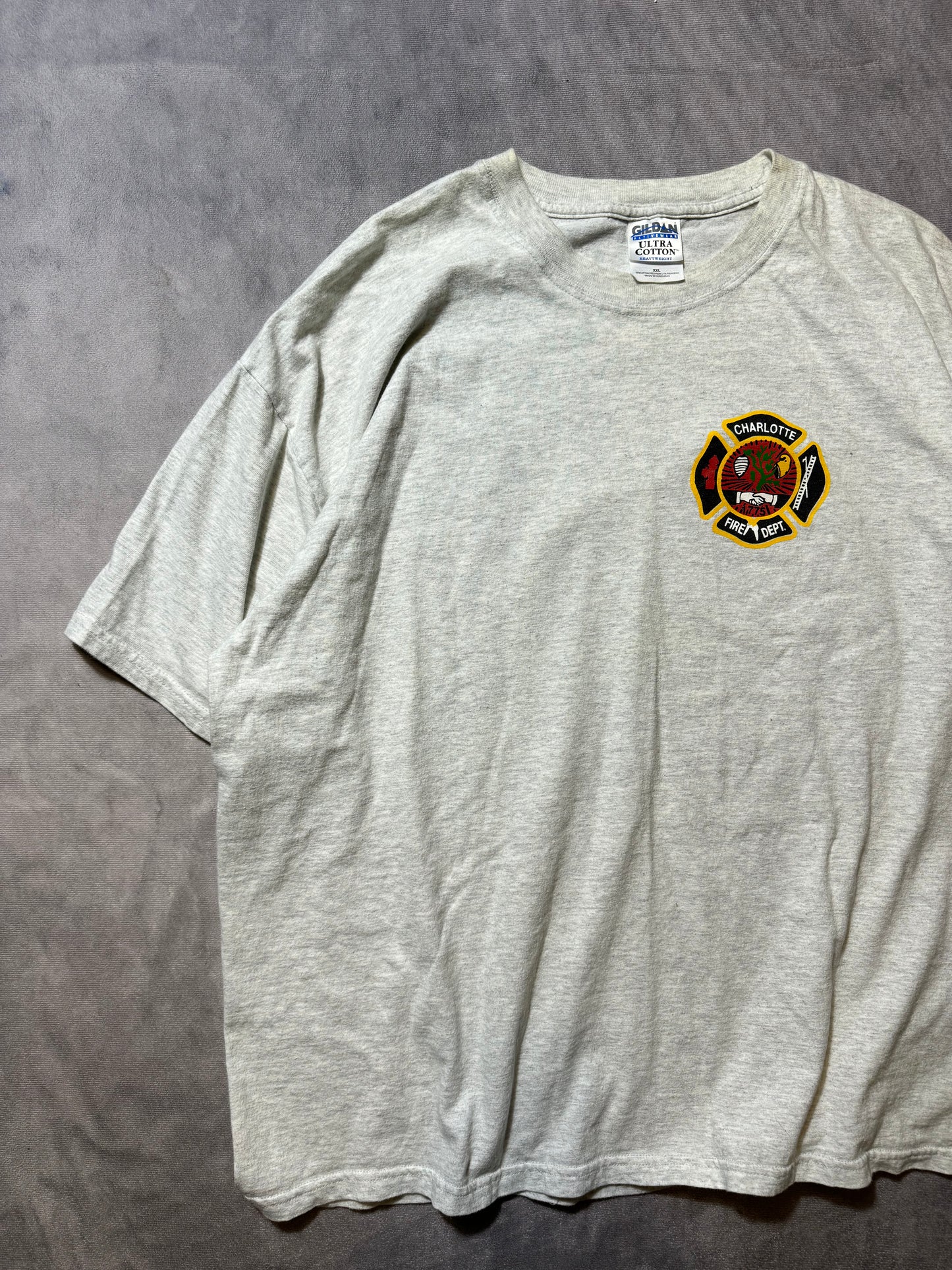 00’s Carolina Panthers x Charlotte Fire Dept Station 4 “Protectors of the Lair” Vintage Heather Grey NFL Tee (XXL)