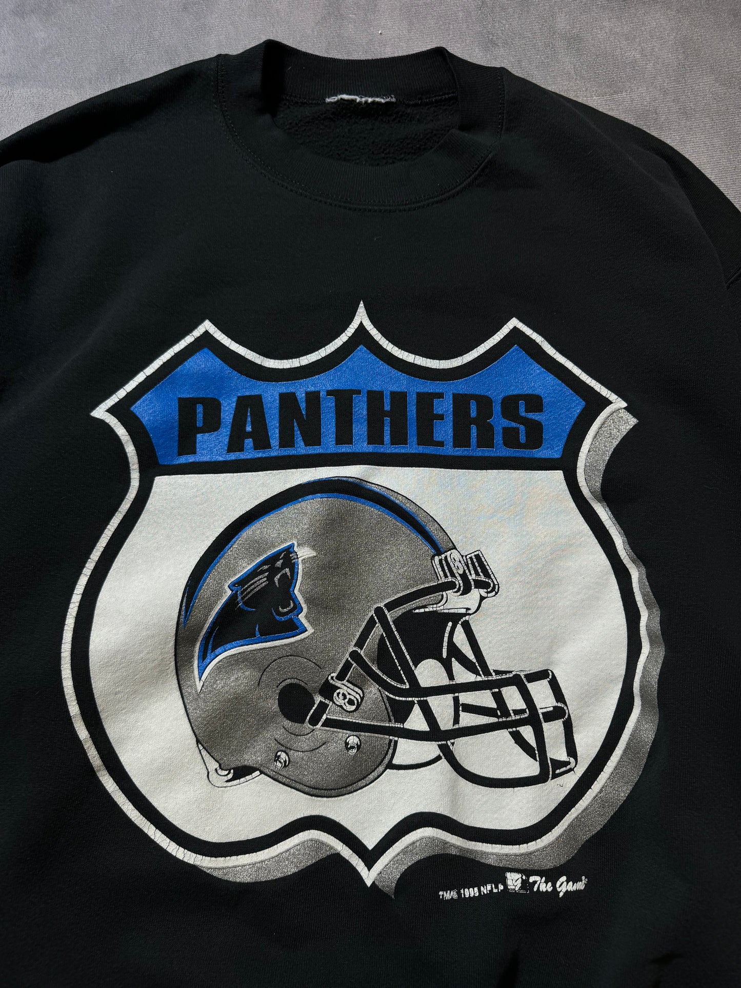 1995 Carolina Panthers Vintage Black The Game Shield Logo Inaugural Season NFL Crewneck (Large)