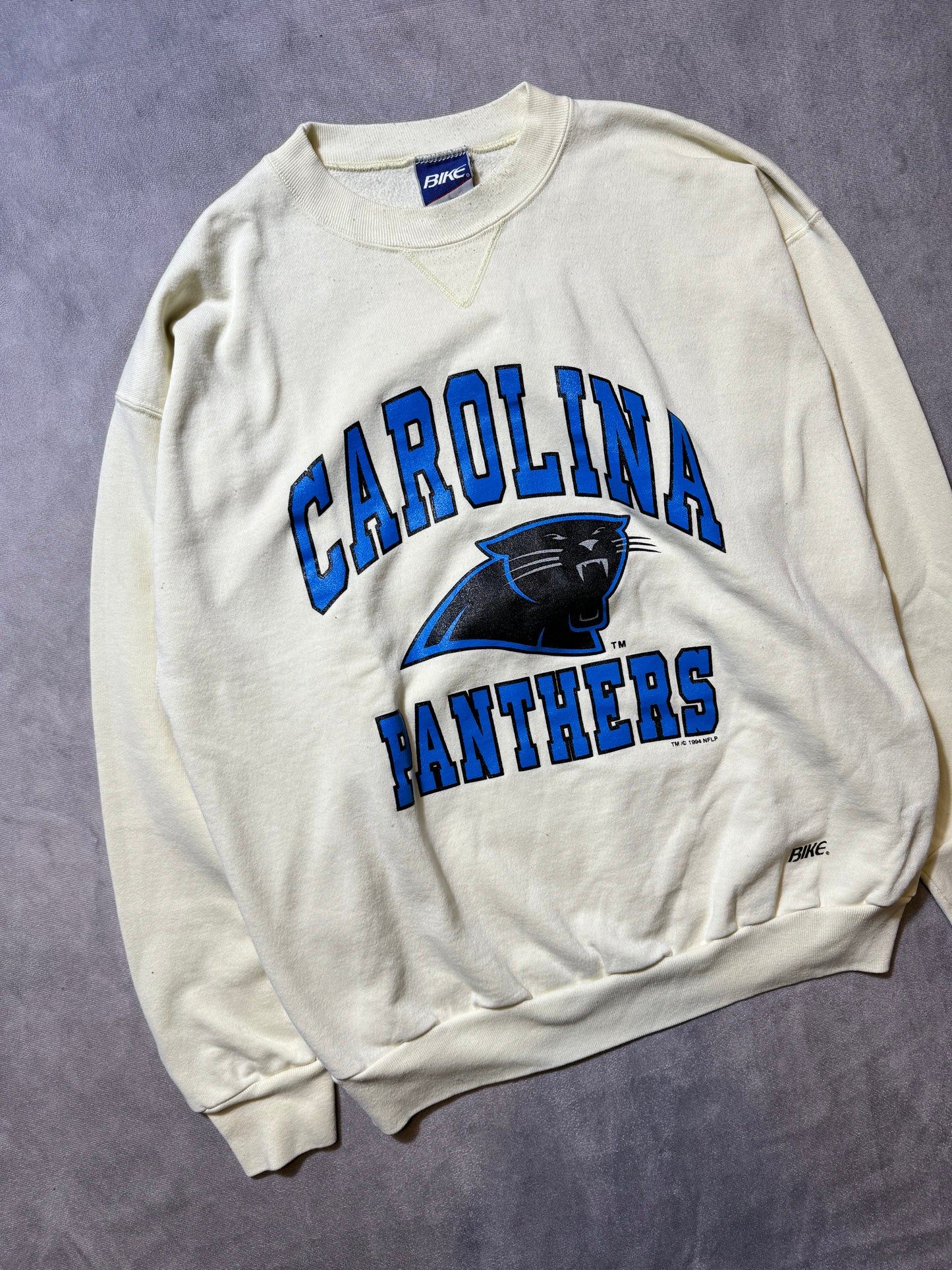 1994 Carolina Panthers Vintage Cream Bike Big Arch Block Letter Spellout NFL Crewneck (XL)