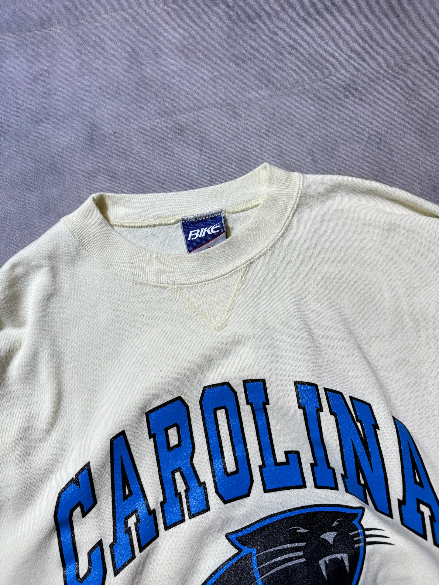 1994 Carolina Panthers Vintage Cream Bike Big Arch Block Letter Spellout NFL Crewneck (XL)