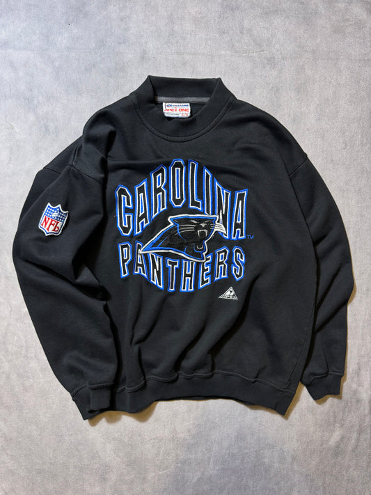 90’s Carolina Panthers Vintage Black Apex One Heavyweight Embroidered Wave Spellout NFL Crewneck (Boxy XL)