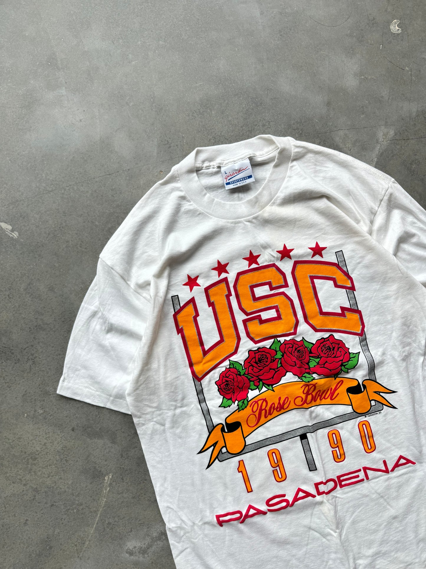 1990 USC Trojans Rose Bowl Pasadena California Vintage White Puff Print College Football Tee - Deadstock (Large)