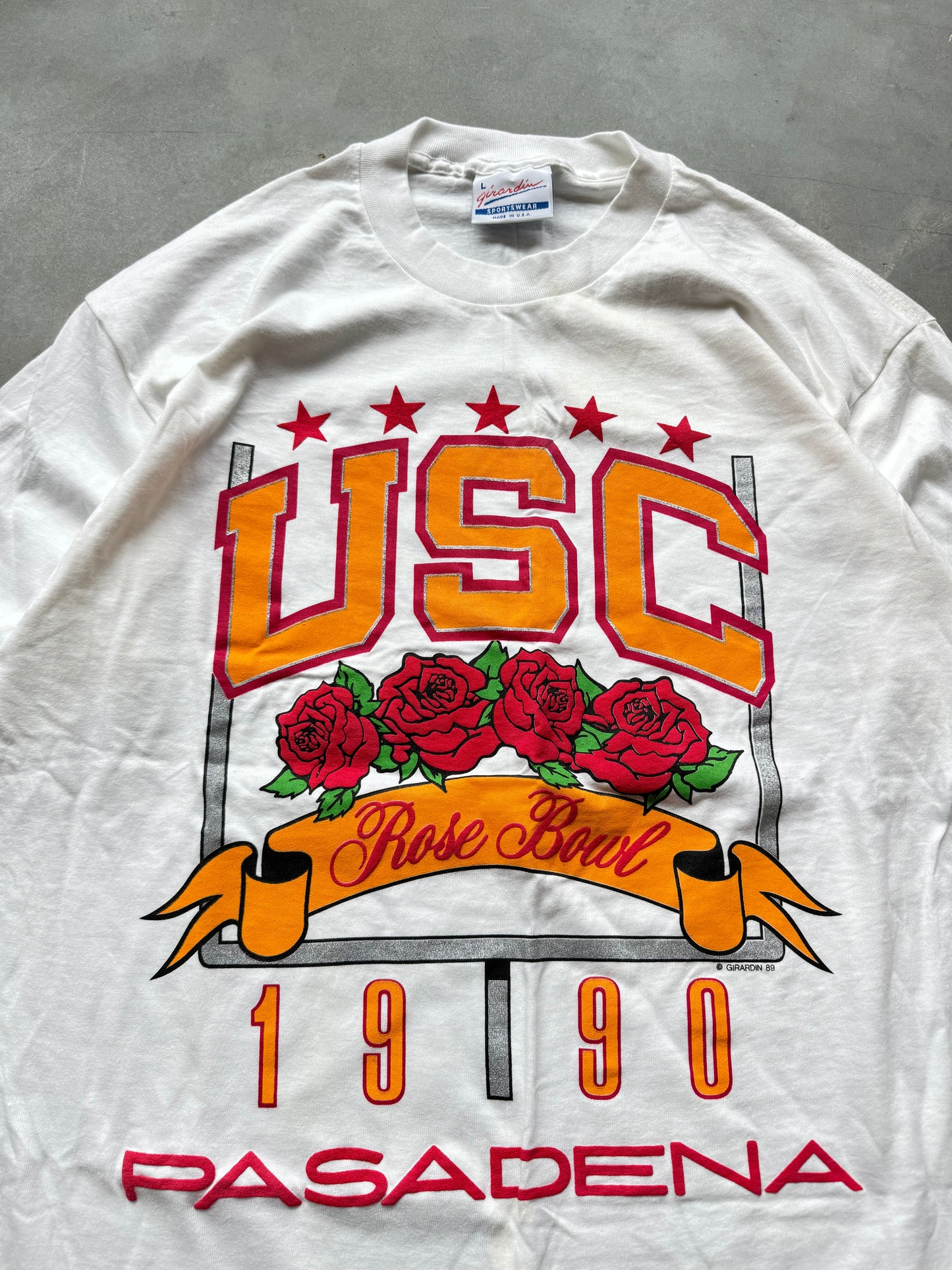 1990 USC Trojans Rose Bowl Pasadena California Vintage White Puff Print College Football Tee - Deadstock (Large)