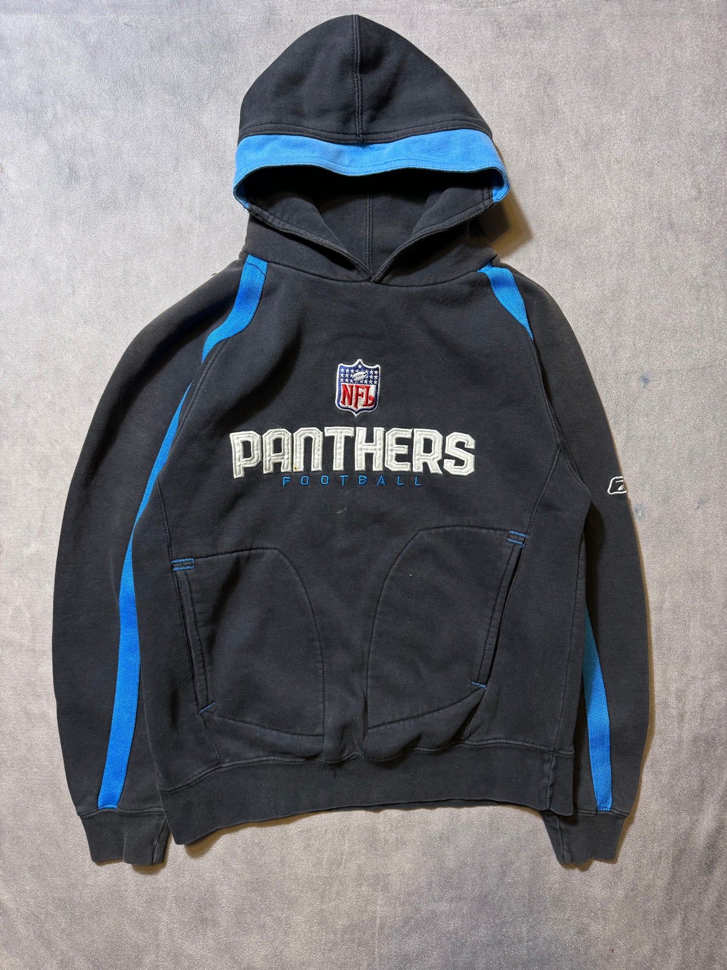 00’s Carolina Panthers Vintage Faded Black Embroidered Reebok NFL Hoodie (Youth Large)