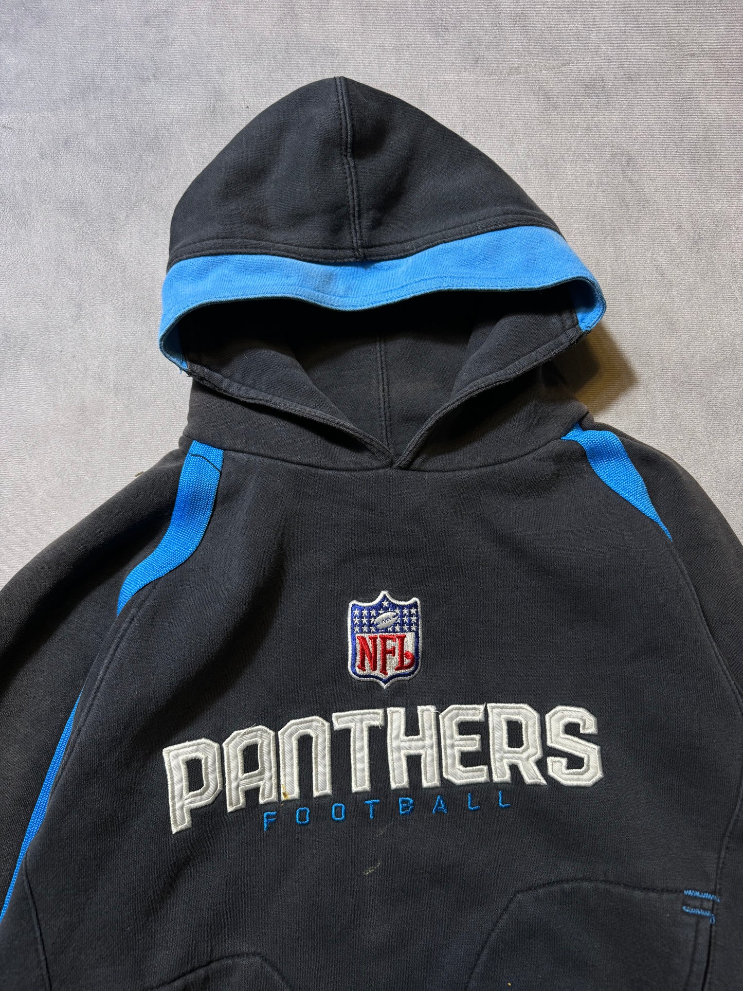 00’s Carolina Panthers Vintage Faded Black Embroidered Reebok NFL Hoodie (Youth Large)
