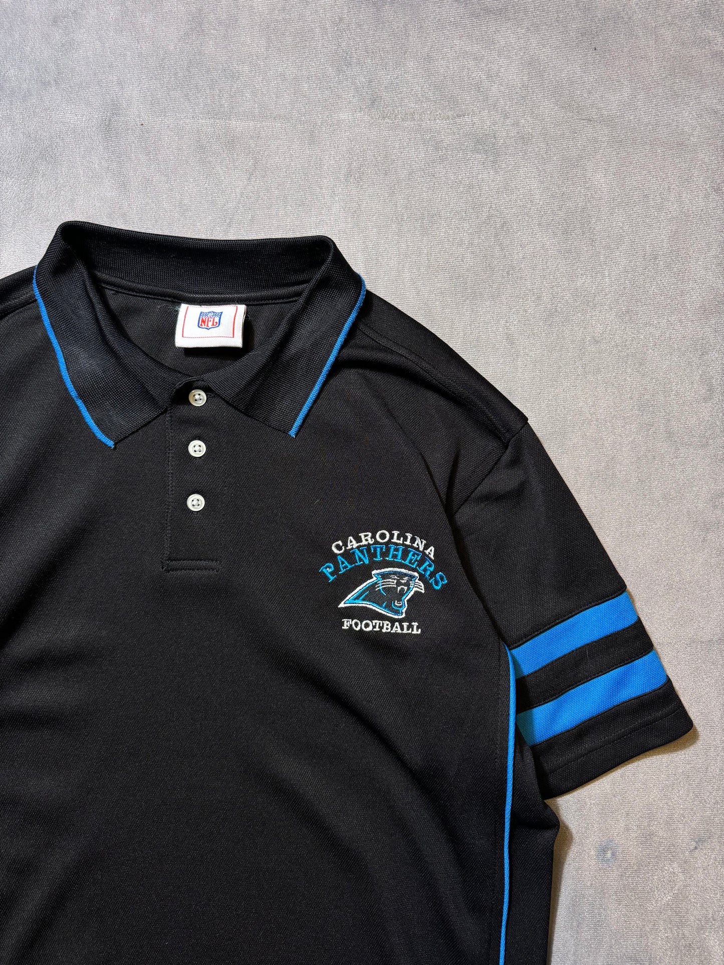 00’s Carolina Panthers Vintage Black Striped NFL Collared Polo Shirt (Medium)