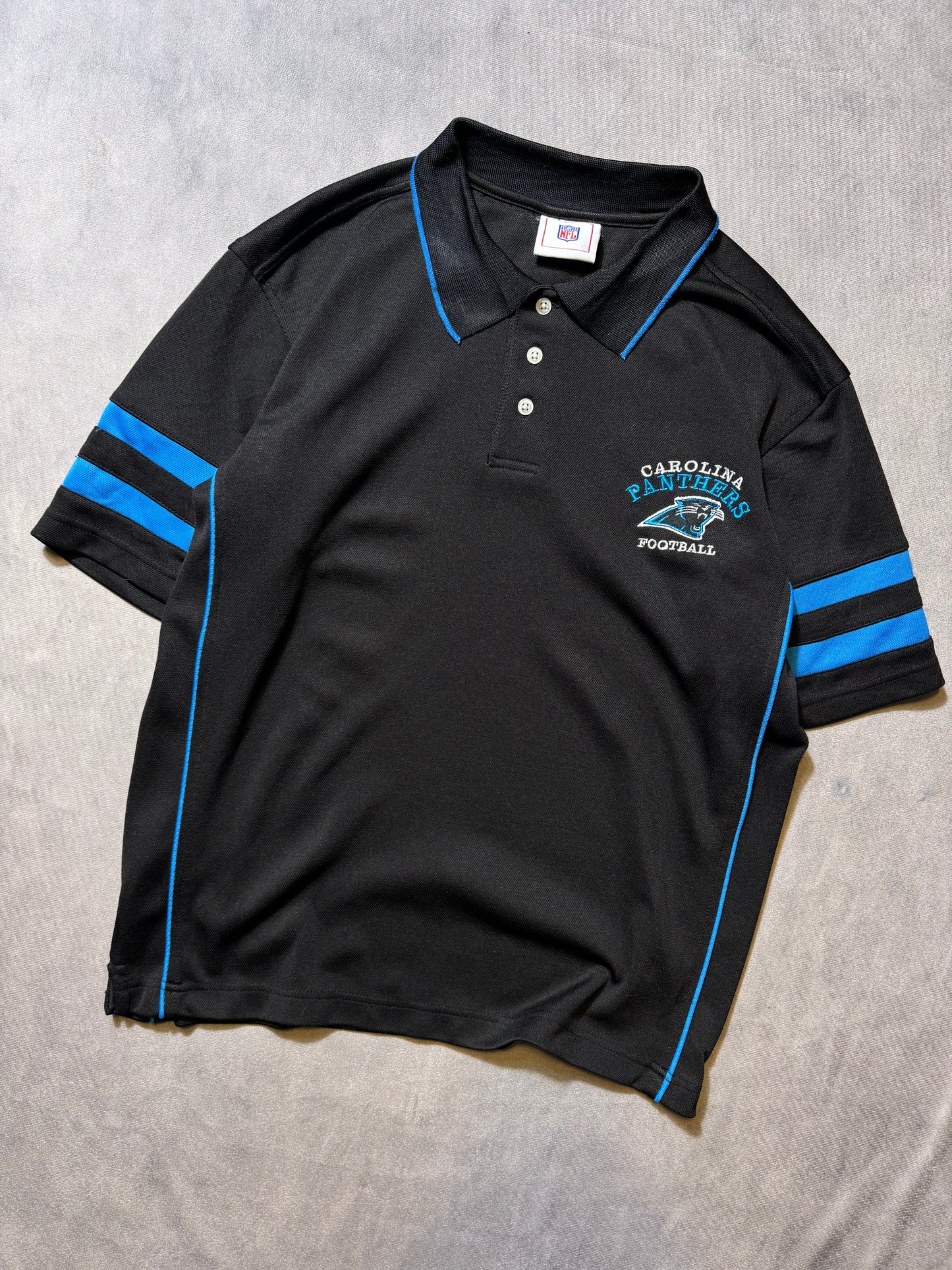 00’s Carolina Panthers Vintage Black Striped NFL Collared Polo Shirt (Medium)