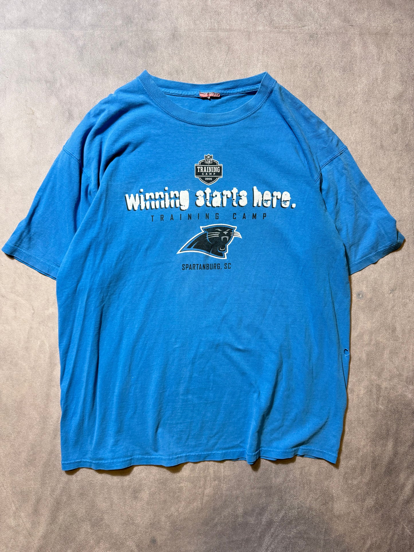 2006 Carolina Panthers Vintage Electric Blue Wofford College “Winning Starts Here” NFL Training Camp Tee (XL)
