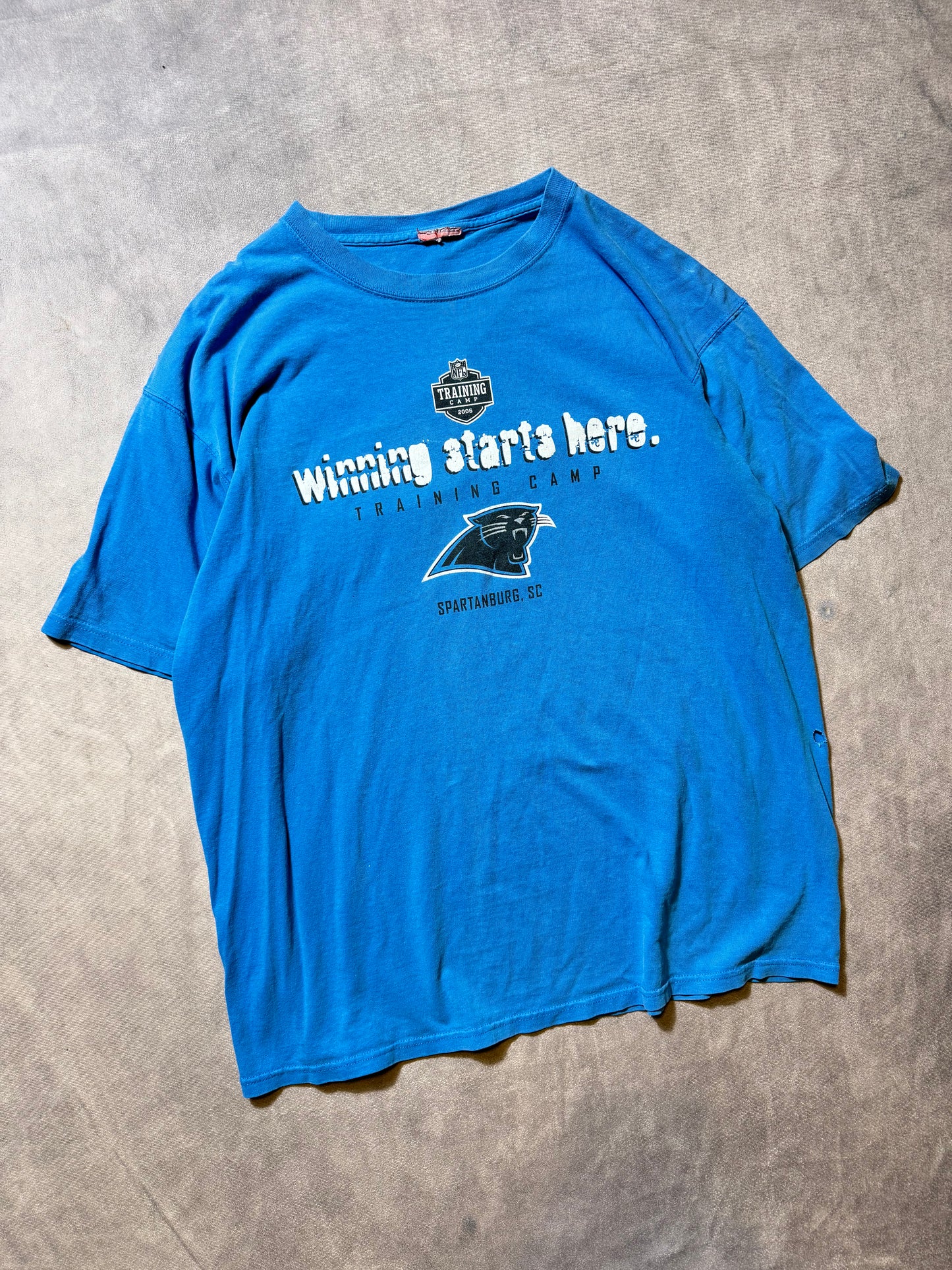 2006 Carolina Panthers Vintage Electric Blue Wofford College “Winning Starts Here” NFL Training Camp Tee (XL)