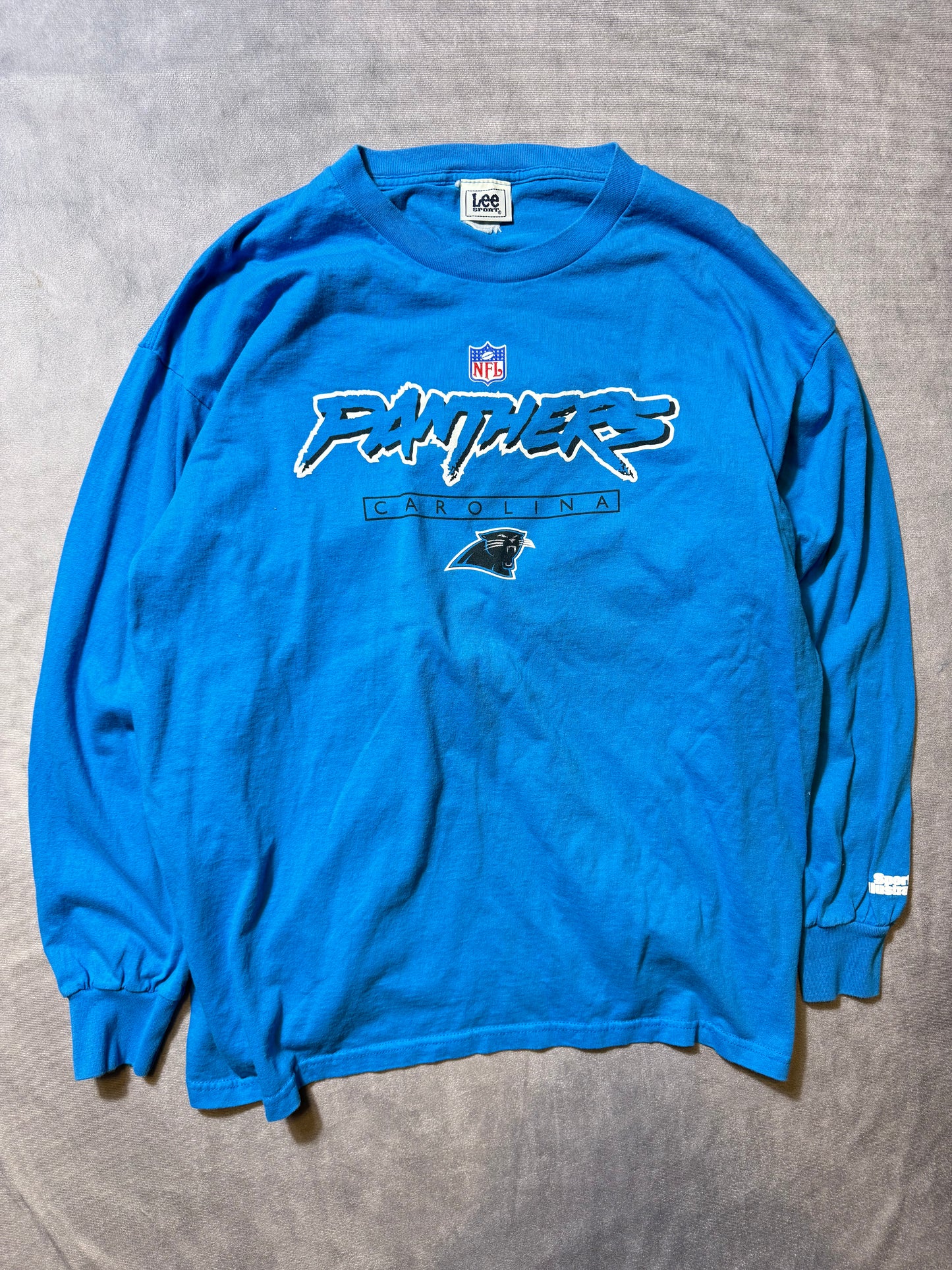 00’s Carolina Panthers Vintage Electric Blue Cat Scratch Font Lee Sport Longsleeve NFL Tee (XL)