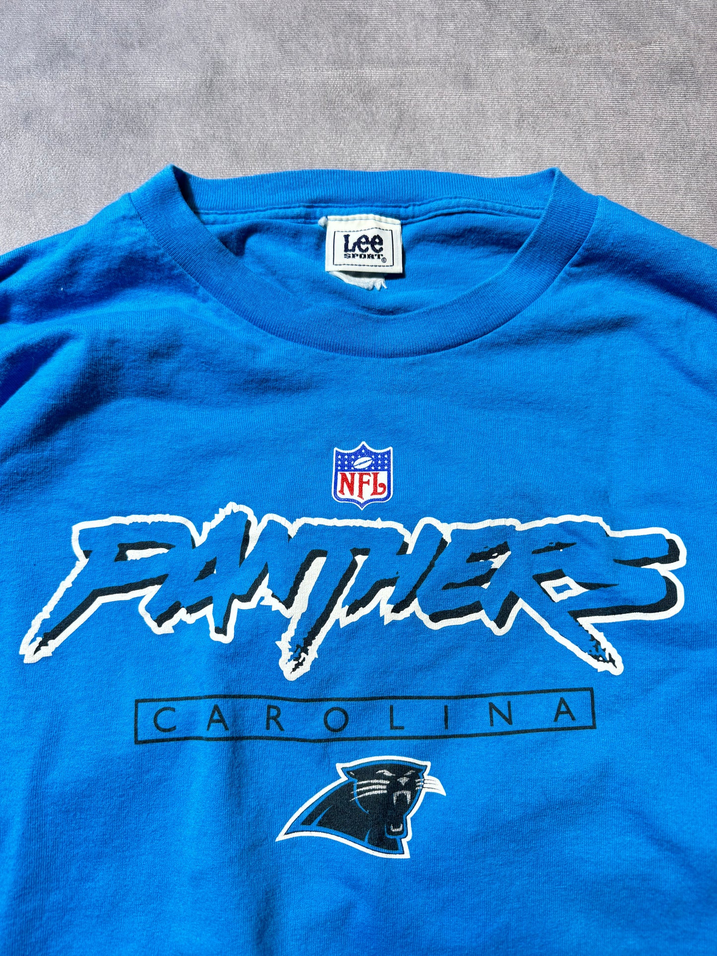 00’s Carolina Panthers Vintage Electric Blue Cat Scratch Font Lee Sport Longsleeve NFL Tee (XL)