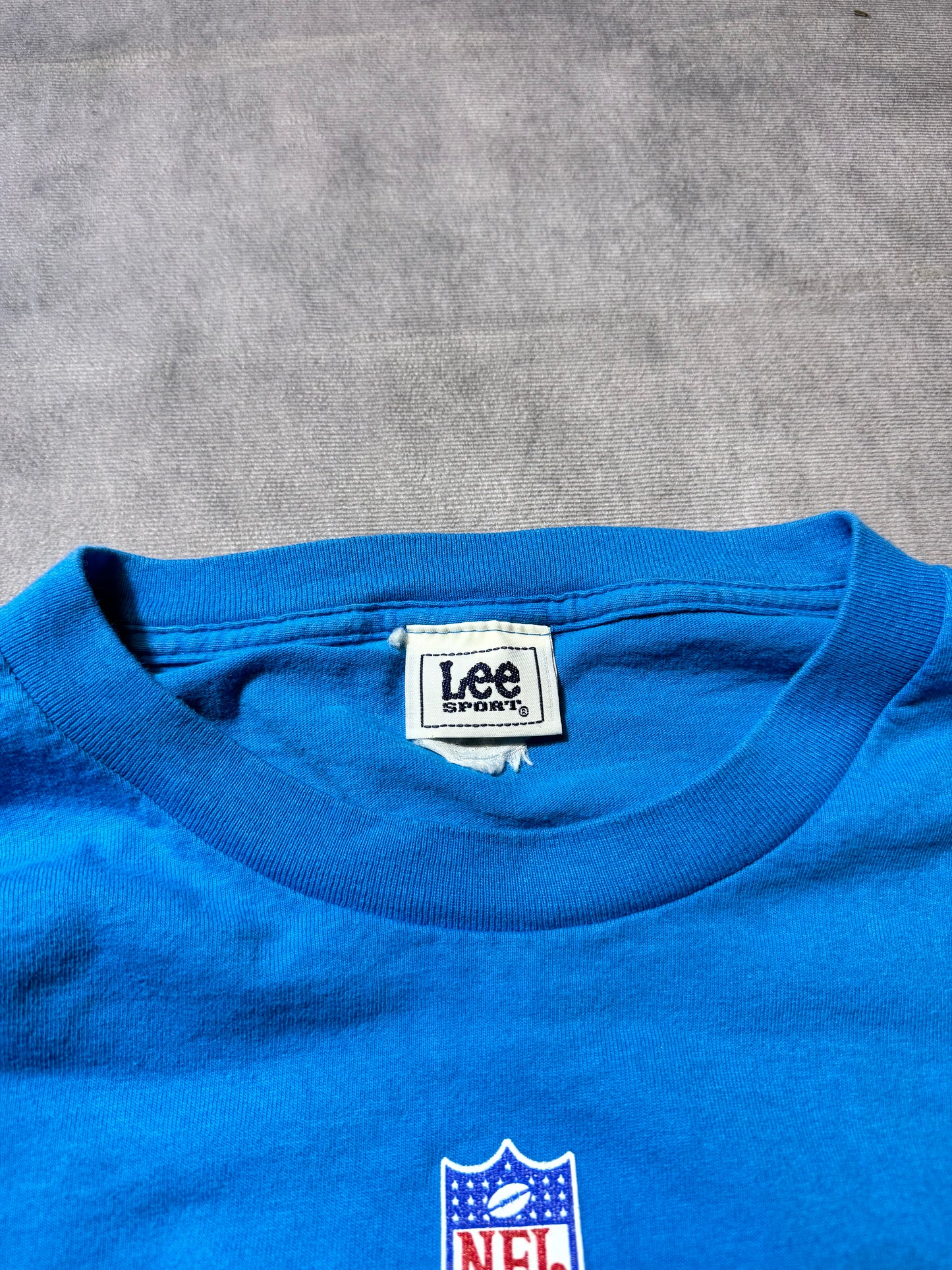 00’s Carolina Panthers Vintage Electric Blue Cat Scratch Font Lee Sport Longsleeve NFL Tee (XL)