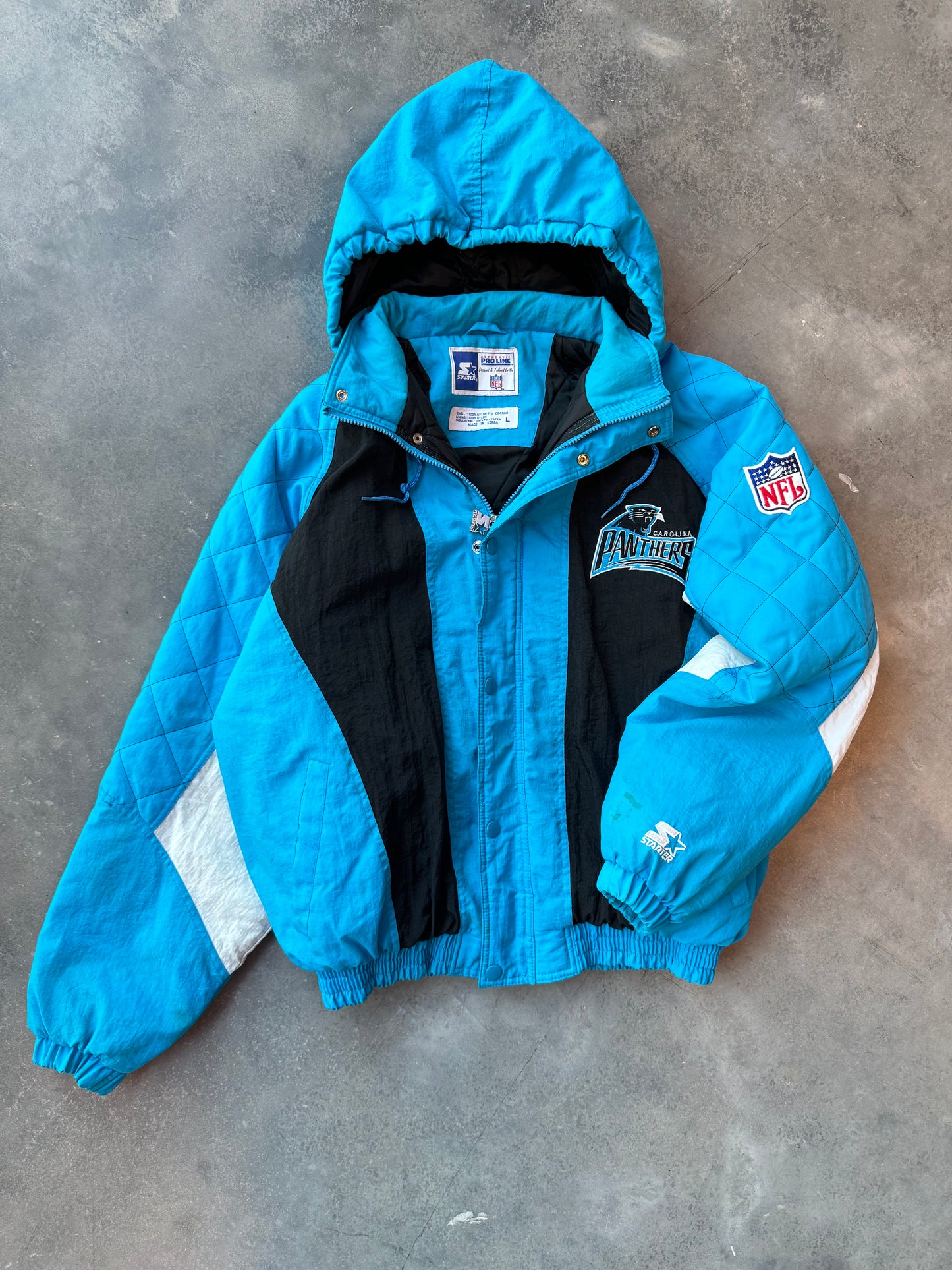 90’s Carolina Panthers Vintage Electric Blue Starter Diamond Stitched NFL Puffer Jacket (Large)