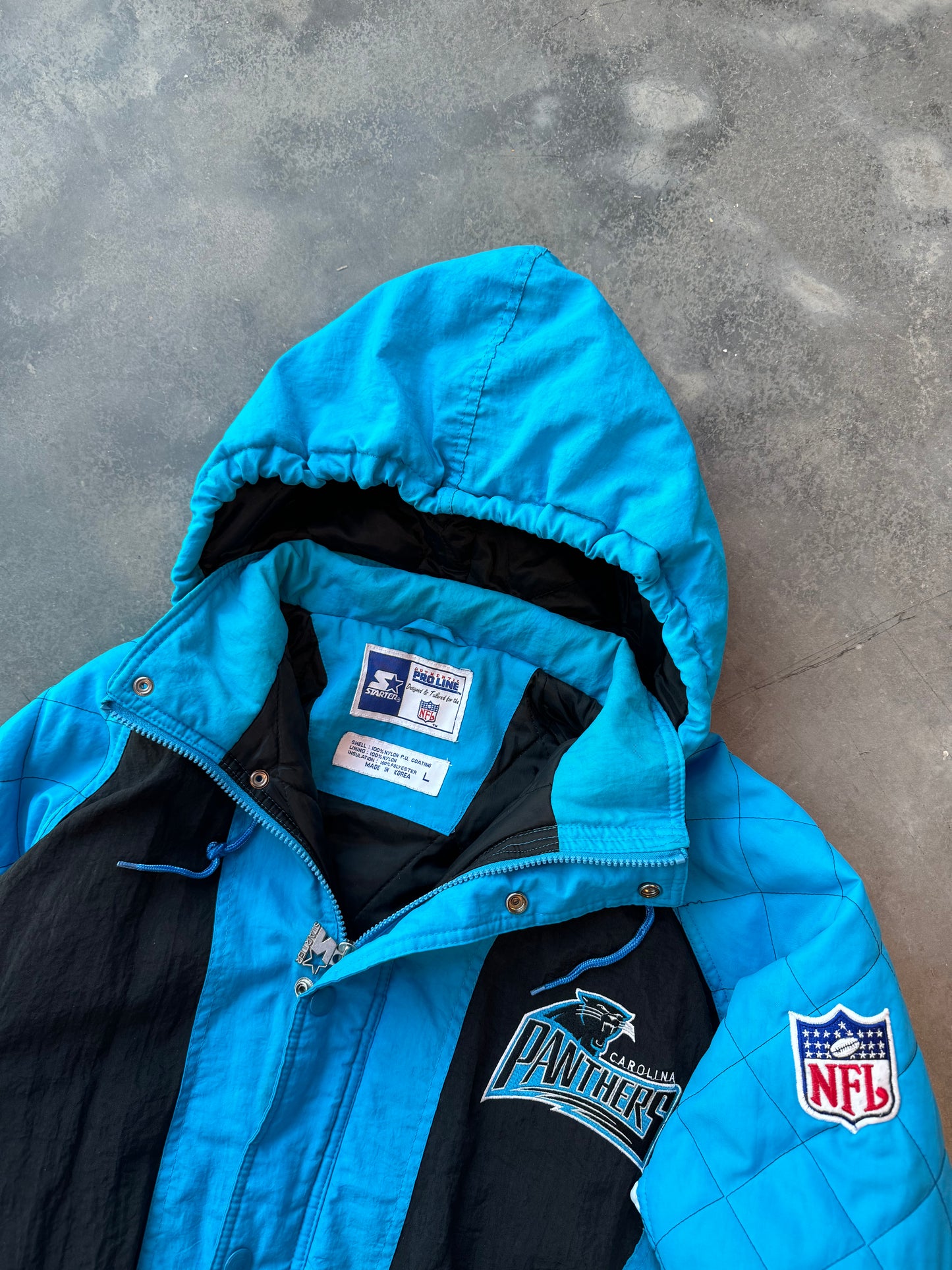 90’s Carolina Panthers Vintage Electric Blue Starter Diamond Stitched NFL Puffer Jacket (Large)