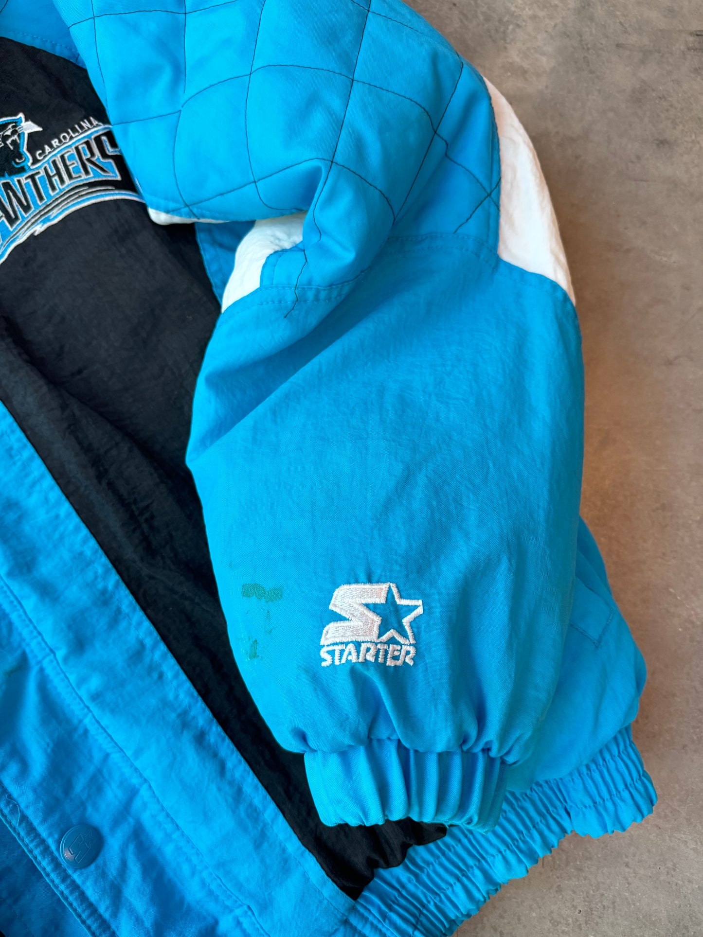 90’s Carolina Panthers Vintage Electric Blue Starter Diamond Stitched NFL Puffer Jacket (Large)