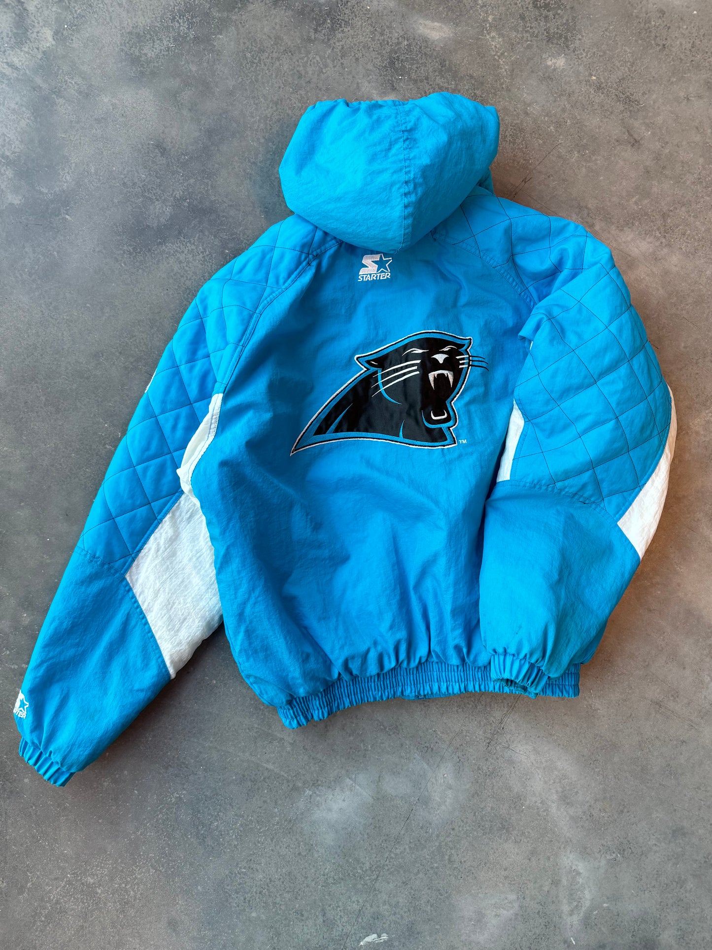 90’s Carolina Panthers Vintage Electric Blue Starter Diamond Stitched NFL Puffer Jacket (Large)