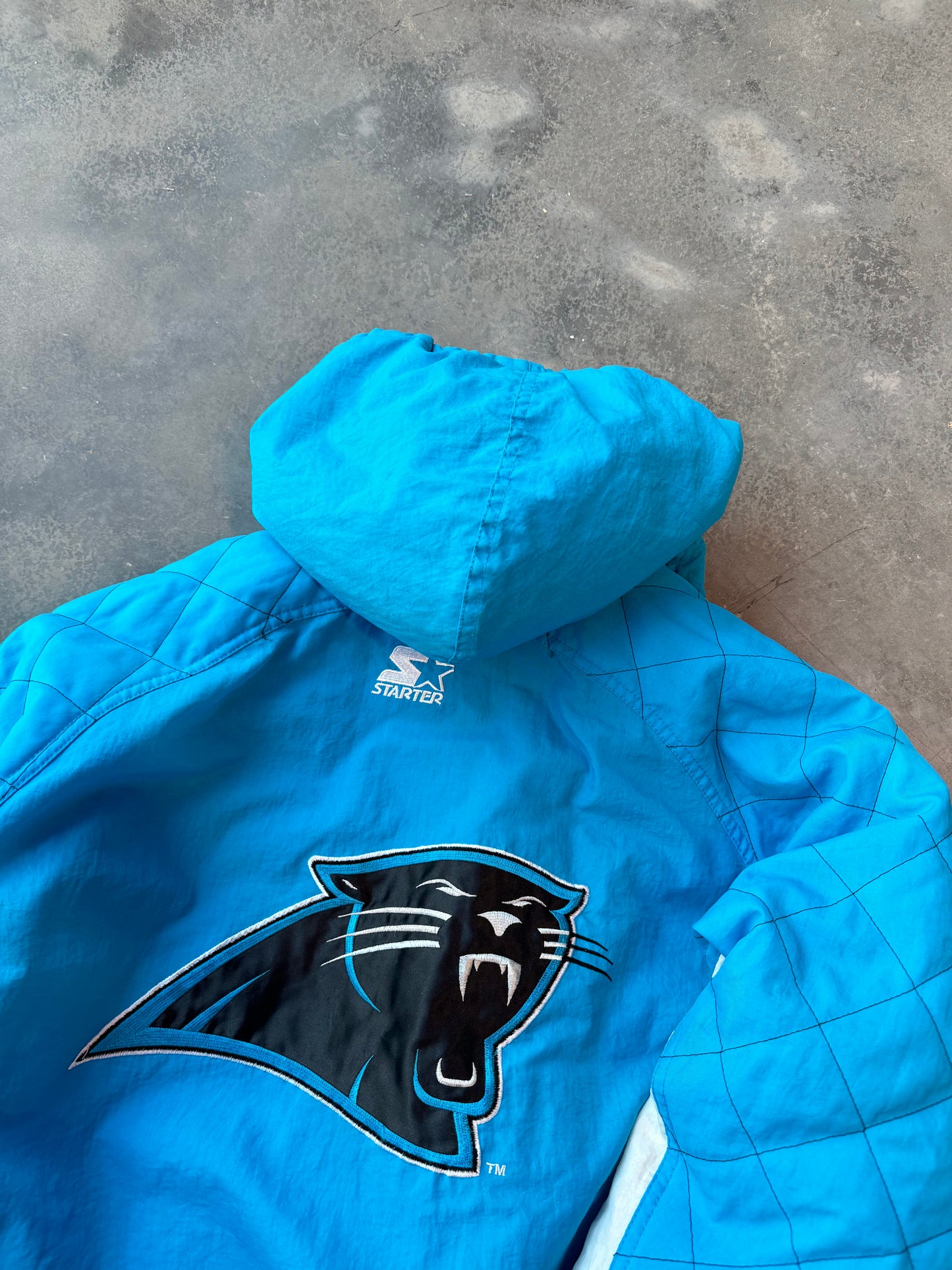 90’s Carolina Panthers Vintage Electric Blue Starter Diamond Stitched NFL Puffer Jacket (Large)