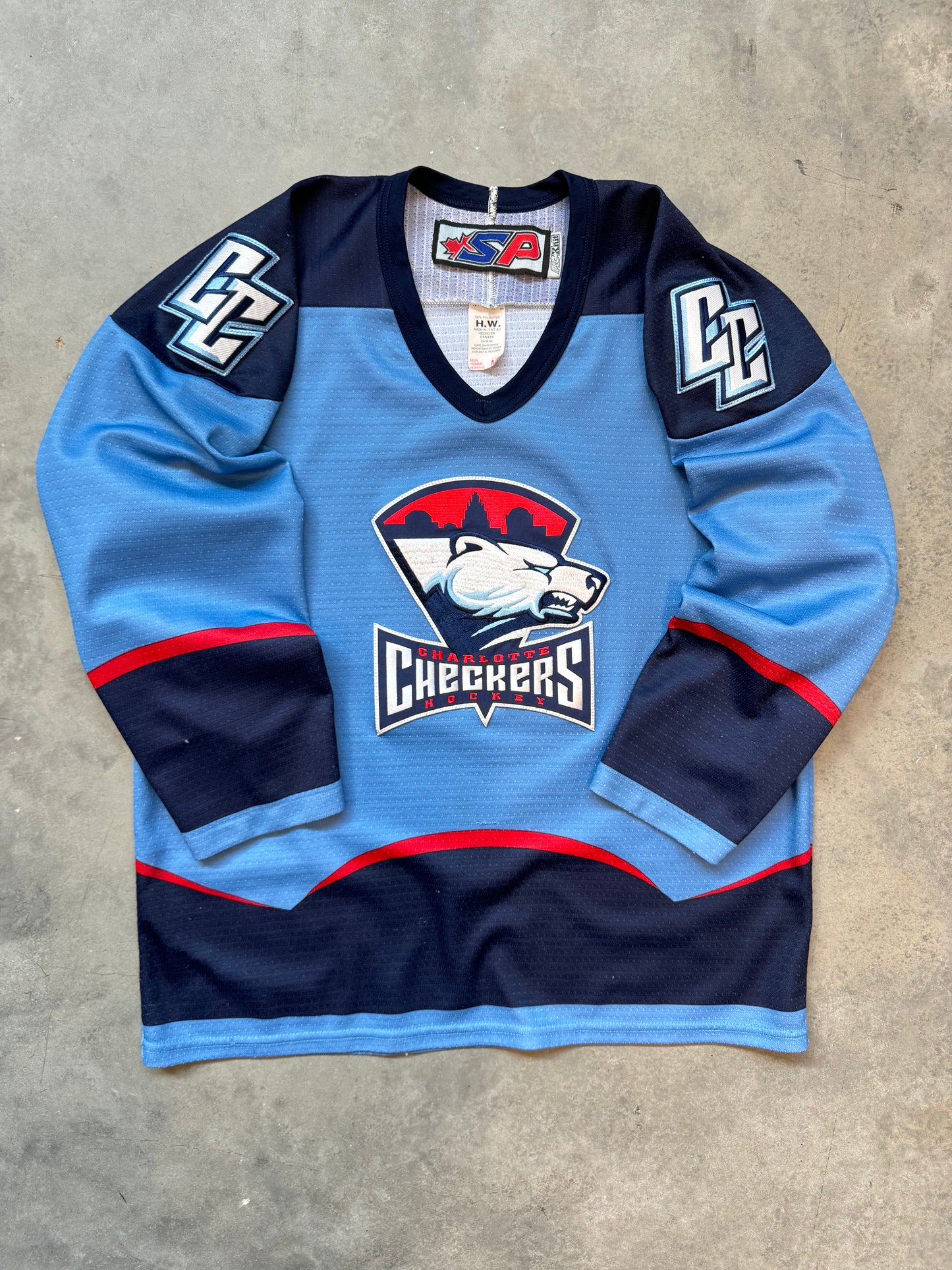 00’s Charlotte Checkers Light Blue Embroidered Vintage ECHL Hockey Jersey (Medium)