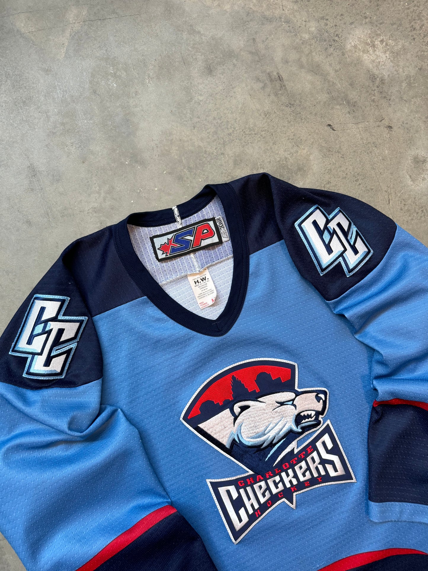00’s Charlotte Checkers Light Blue Embroidered Vintage ECHL Hockey Jersey (Medium)
