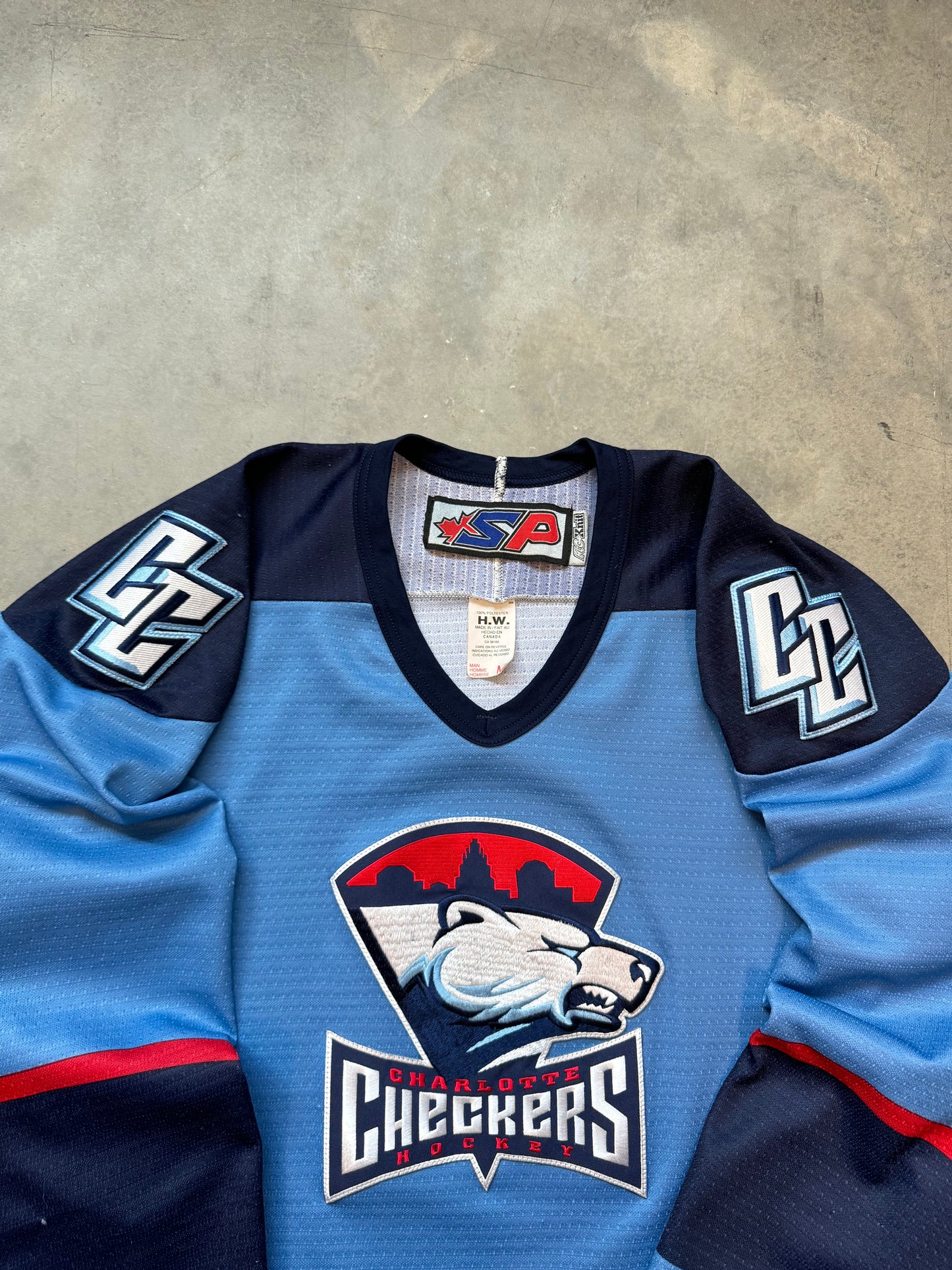 00’s Charlotte Checkers Light Blue Embroidered Vintage ECHL Hockey Jersey (Medium)