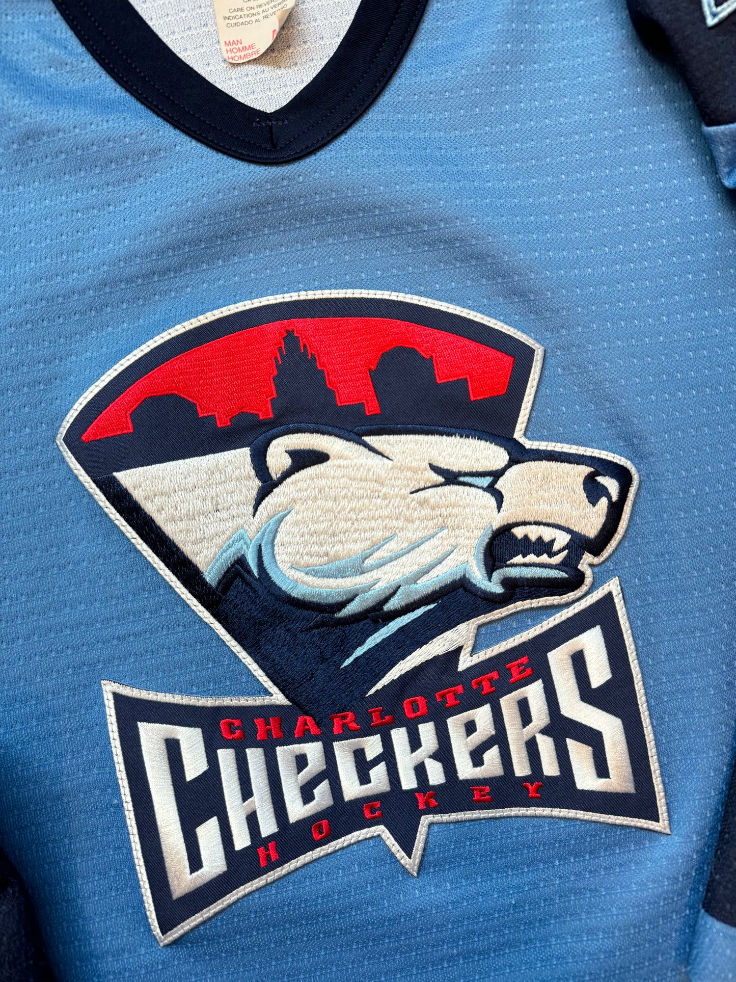 00’s Charlotte Checkers Light Blue Embroidered Vintage ECHL Hockey Jersey (Medium)