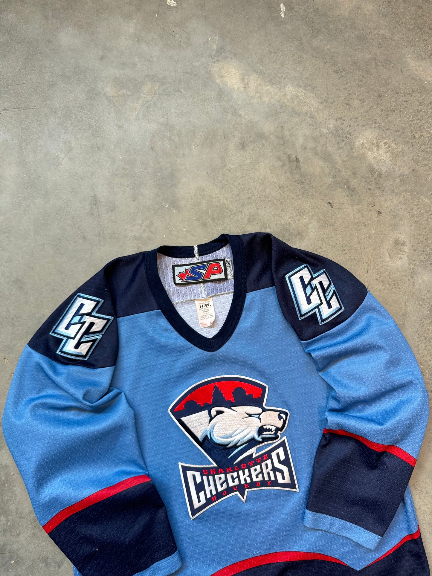 00’s Charlotte Checkers Light Blue Embroidered Vintage ECHL Hockey Jersey (Medium)