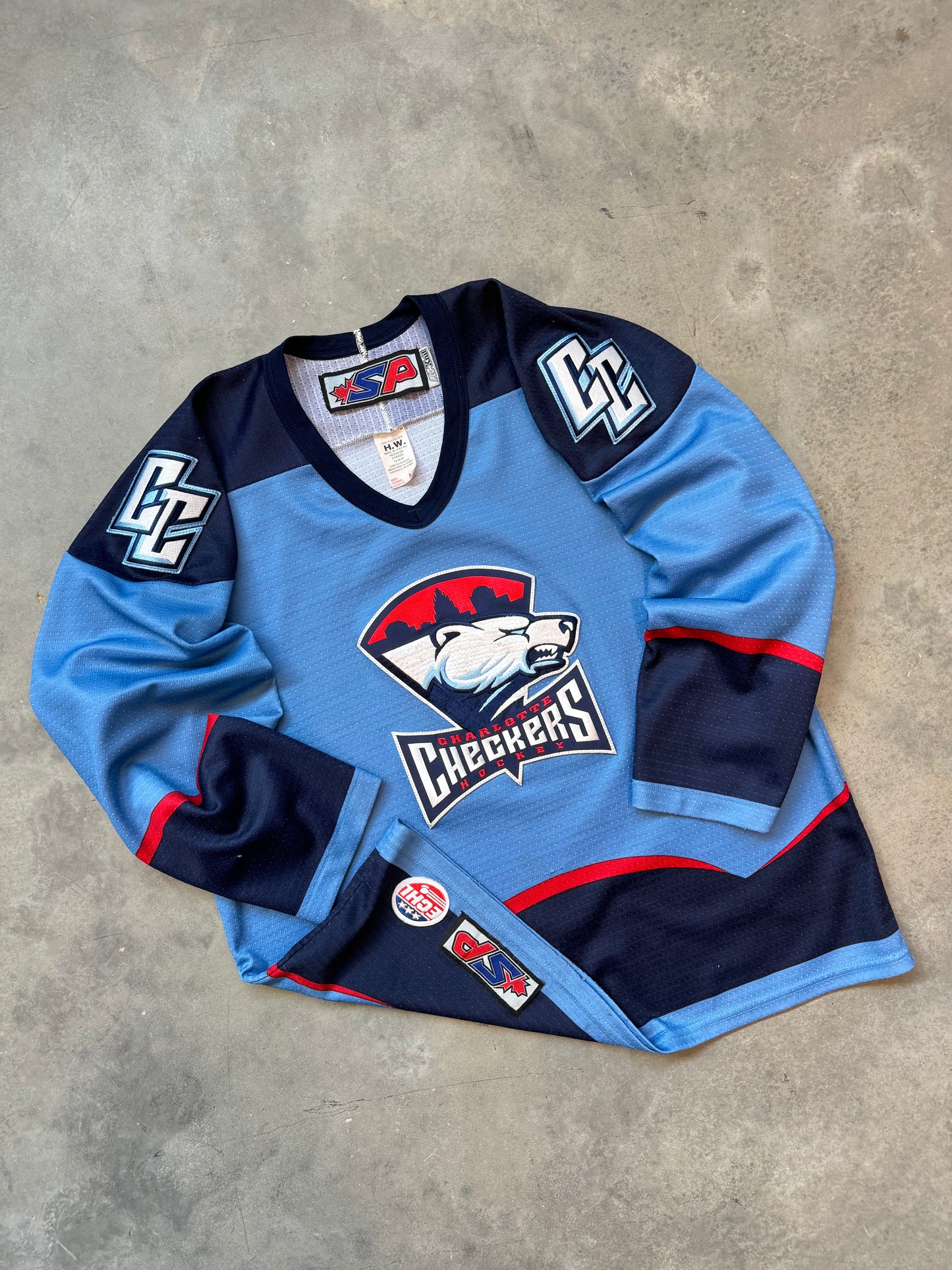 00’s Charlotte Checkers Light Blue Embroidered Vintage ECHL Hockey Jersey (Medium)