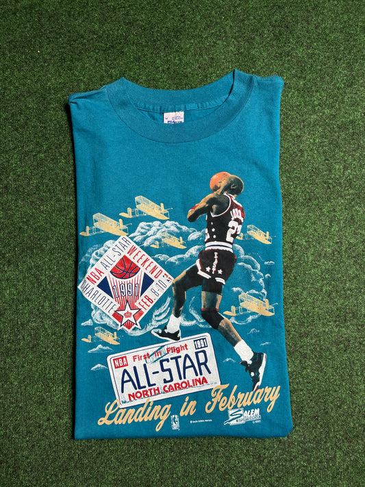 1991 Charlotte NBA All Star Weekend Michael Jordan Landing in February Salem Sportswear Tee (Small)