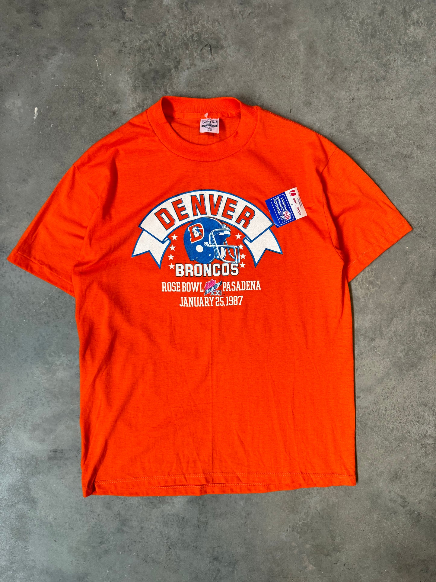 1987 Denver Broncos Super Bowl XXI Vintage Orange Logo 7 NFL Tee - Deadstock (Large)