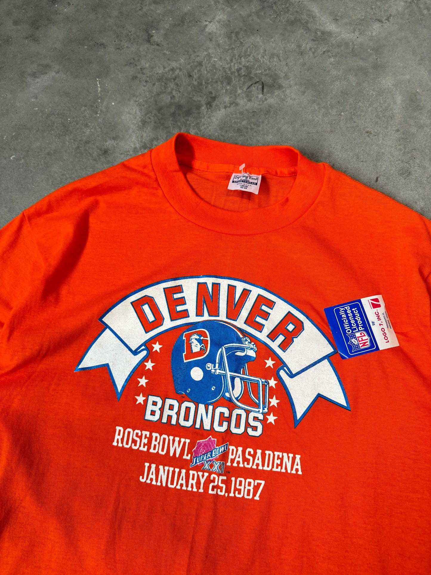 1987 Denver Broncos Super Bowl XXI Vintage Orange Logo 7 NFL Tee - Deadstock (Large)