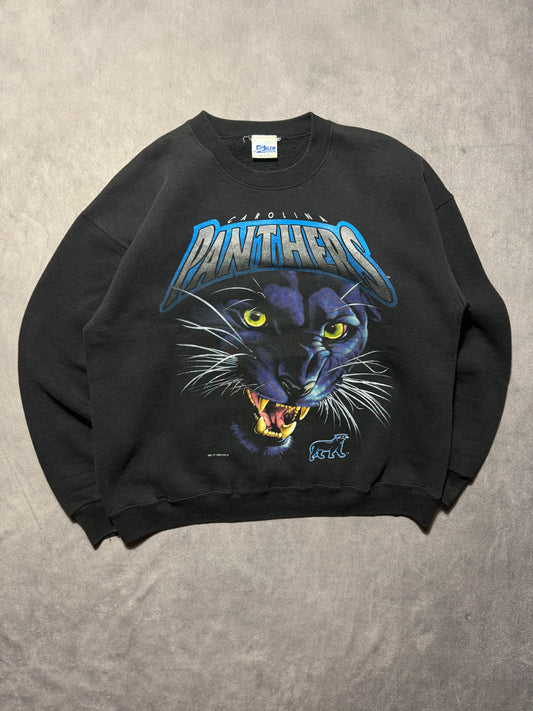 1993 Carolina Panthers Vintage Black Salem Sportswear Big Face Realistic Panther NFL Crewneck (Large)