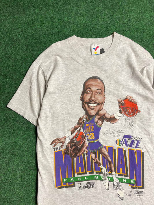90’s Utah Jazz Karm Malone Vintage Salem Sportswear NBA Caricature Tee (Large)