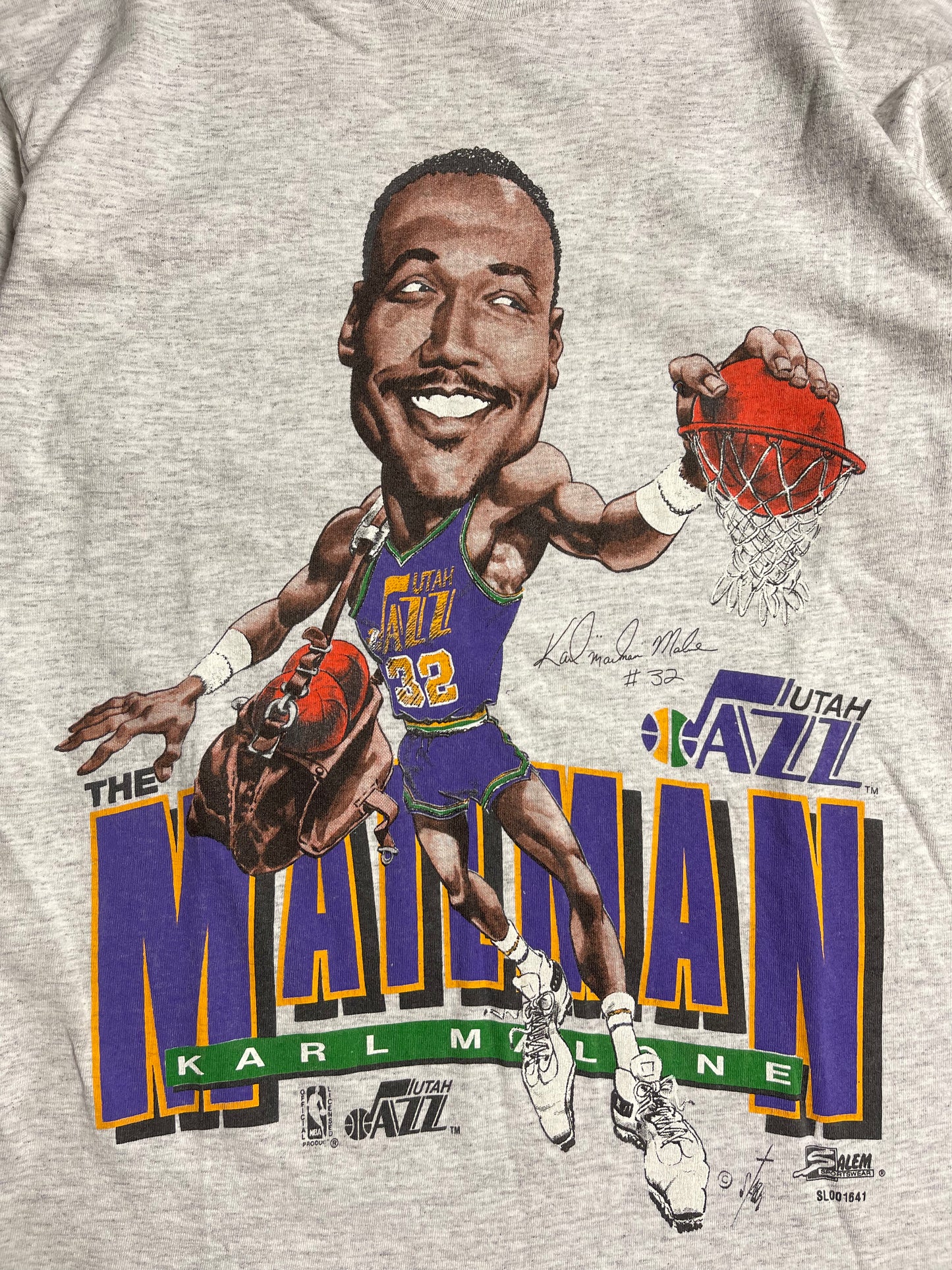 90’s Utah Jazz Karm Malone Vintage Salem Sportswear NBA Caricature Tee (Large)