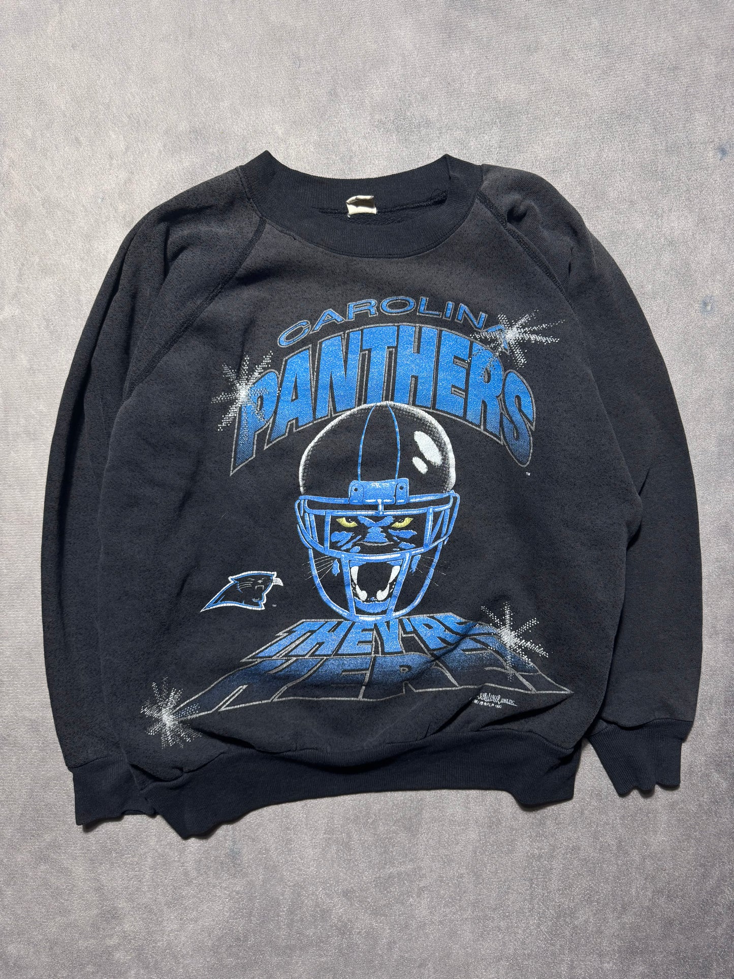 1993 Carolina Panthers Vintage Faded Black “They’re Here!” Franchise Announcement NFL Crewneck (Small)